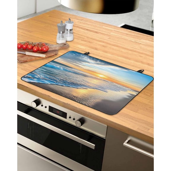nqOlkjepod Large Induction Cooktop Protector Mat 24"x21", Sunset Beach Stove Top Covers for Electric Stove, Spray Ocean Waves Sky Nature Scenery Stove Burner Cover Mats, Glass Top Stove Cover