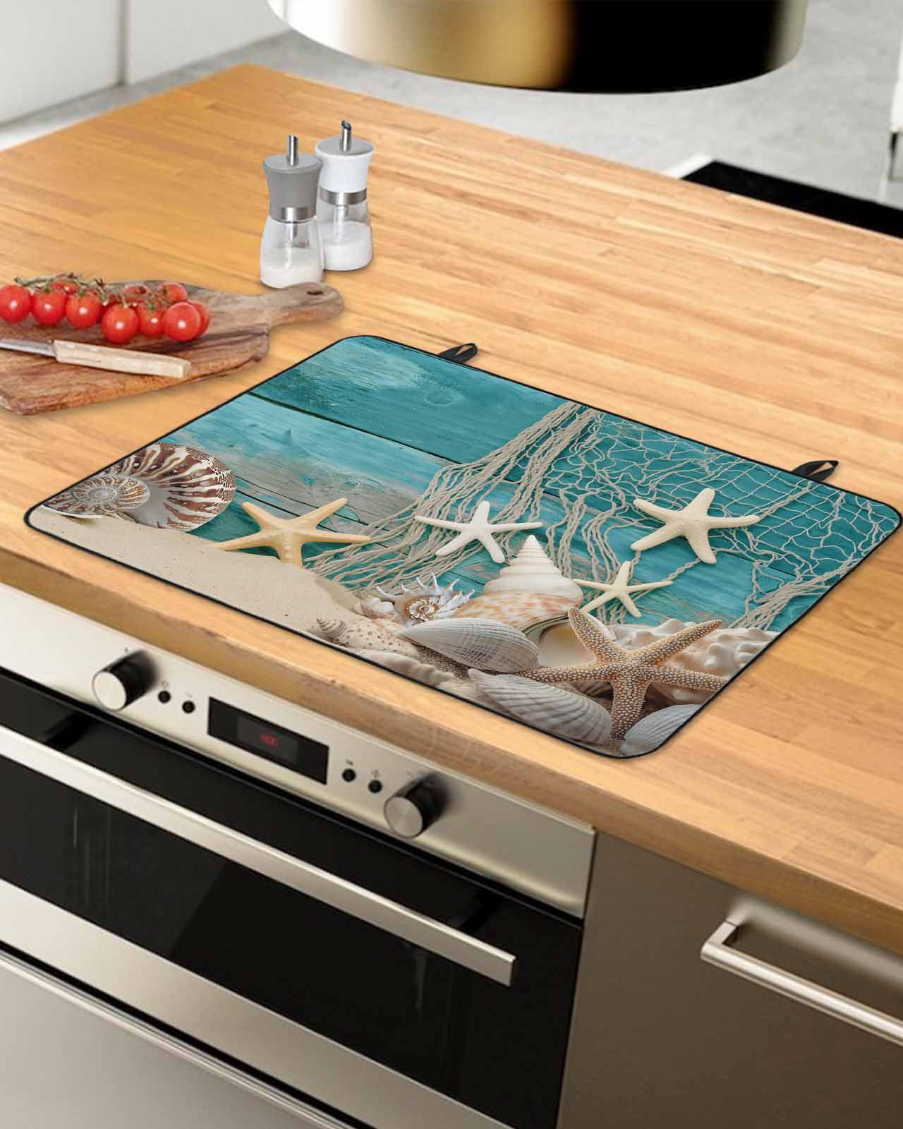 nqOlkjepod Large Induction Cooktop Protector Mat 24"x21", Teal Beach Coastal Stove Top Covers for Electric Stove, Summer Ocean Starfish Shell Conch Stove Burner Cover Mats, Glass Top Stove Cover