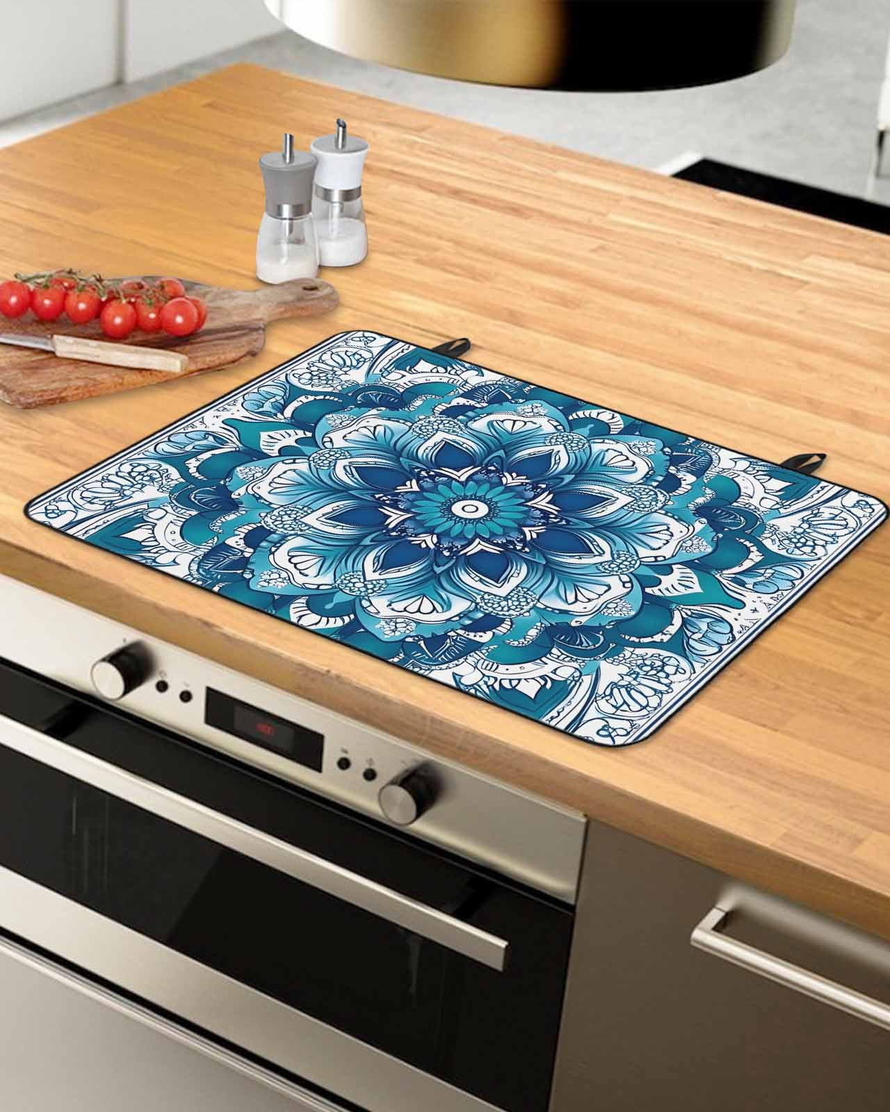 nqOlkjepod Large Induction Cooktop Protector Mat 24"x21", Teal Blue Floral Boho Stove Top Covers for Electric Stove, Abstract Tribal Ethnic Flowers Stove Burner Cover Mats, Glass Top Stove Cover