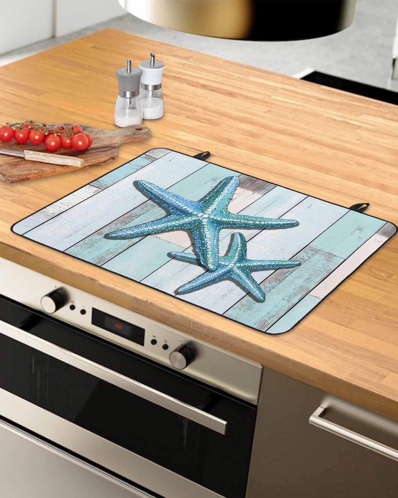 nqOlkjepod Large Induction Cooktop Protector Mat 24"x21", Teal Blue Starfish Stove Top Covers for Electric Stove, Summer Beach Coastal Retro Wooden Stove Burner Cover Mats, Glass Top Stove Cover