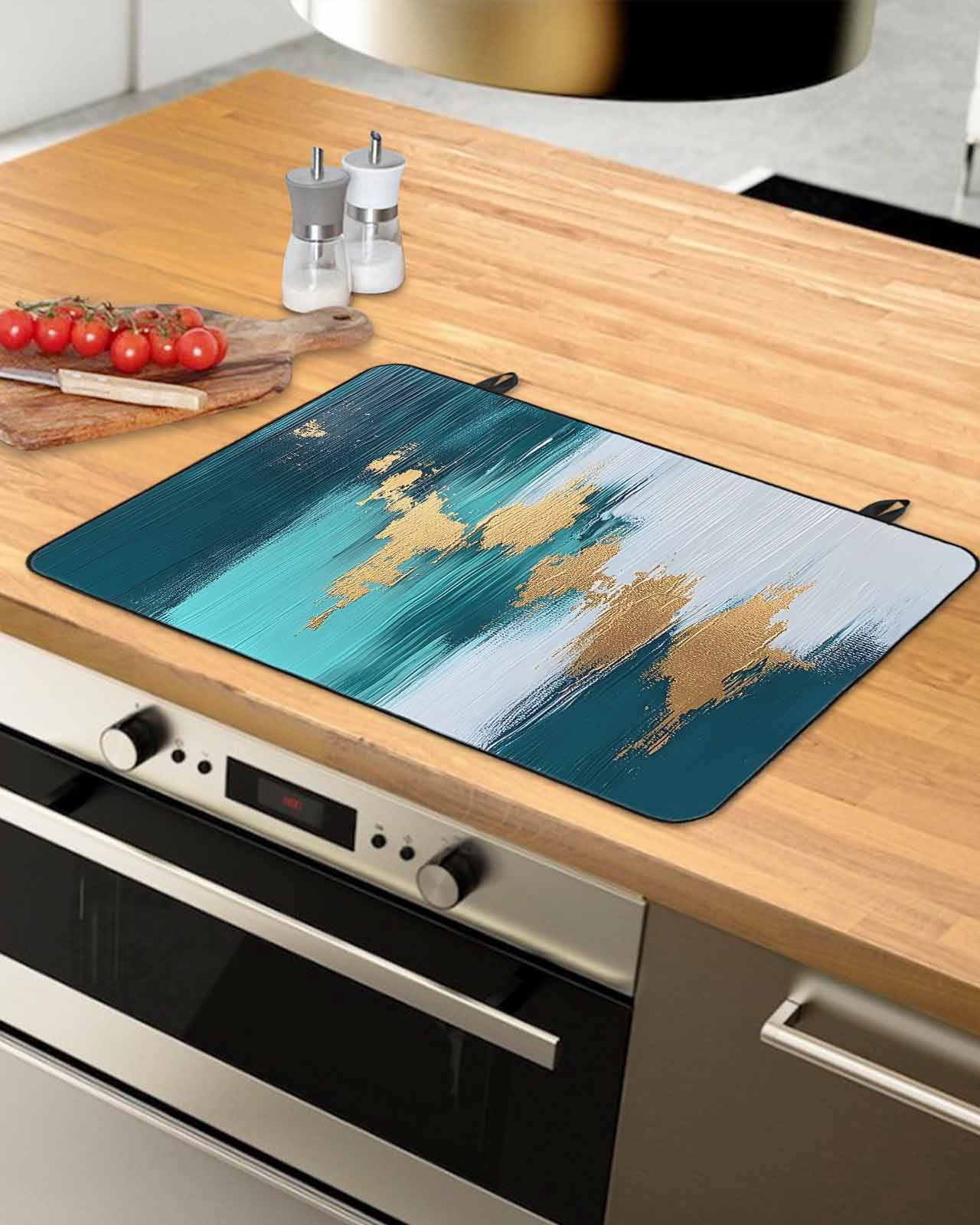 nqOlkjepod Large Induction Cooktop Protector Mat 24"x21", Teal Blue Stove Top Covers for Electric Stove, Yellow Abstract Art Modern Decorative Stove Burner Cover Mats, Glass Top Stove Cover