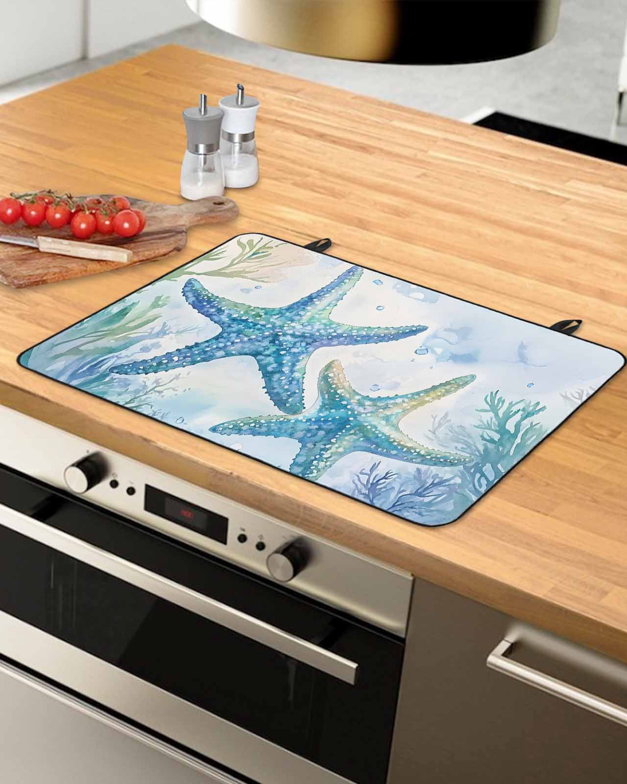 nqOlkjepod Large Induction Cooktop Protector Mat 24"x21", Teal Blue Summer Coastal Stove Top Covers for Electric Stove, Ocean Watercolor Coral Starfish Stove Burner Cover Mats, Glass Top Stove Cover
