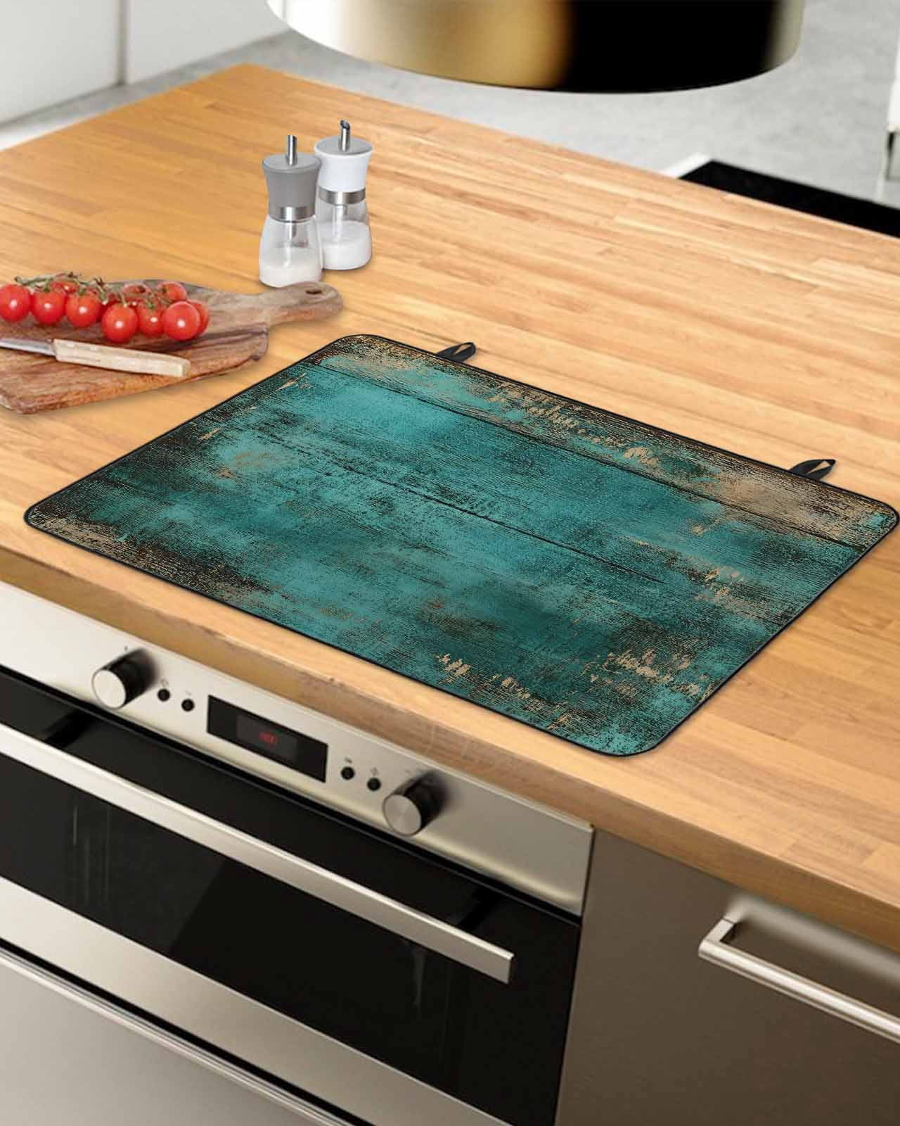 nqOlkjepod Large Induction Cooktop Protector Mat 24"x21", Teal Brown Board Stove Top Covers for Electric Stove, Farmhouse Vintage Wooden Grain Stove Burner Cover Mats, Glass Top Stove Cover
