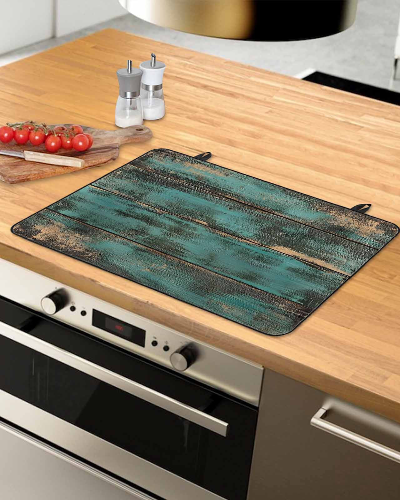 nqOlkjepod Large Induction Cooktop Protector Mat 24"x21", Teal Brown Wood Print Stove Top Covers for Electric Stove, Farmhouse Vintage Plank Decorative Stove Burner Cover Mats, Glass Top Stove Cover