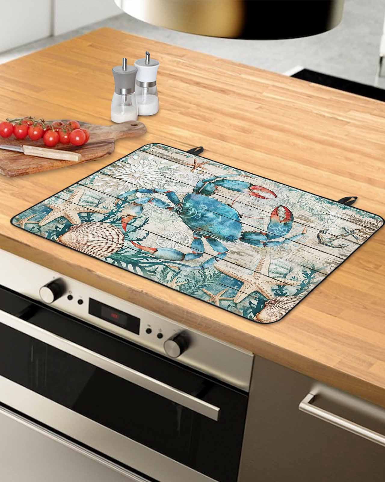 nqOlkjepod Large Induction Cooktop Protector Mat 24"x21", Teal Crab Coastal Stove Top Covers for Electric Stove, Summer Beach Nautical Starfish Retro Stove Burner Cover Mats, Glass Top Stove Cover