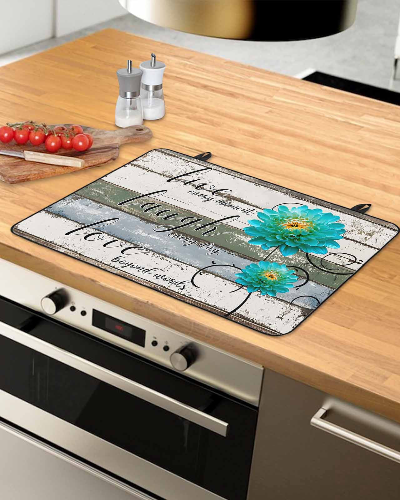 nqOlkjepod Large Induction Cooktop Protector Mat 24"x21", Teal Floral Stove Top Covers for Electric Stove, Farmhouse Green White Blue Wooden Decorative Stove Burner Cover Mats, Glass Top Stove Cover