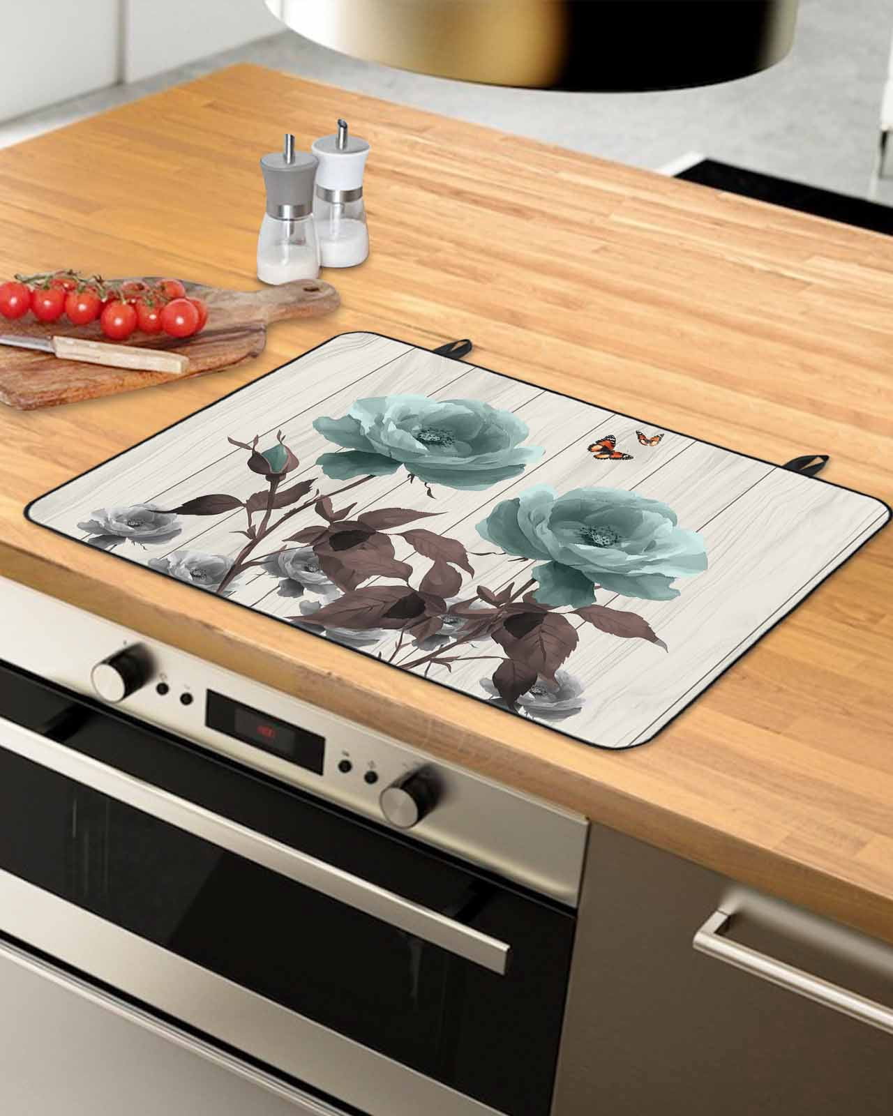 nqOlkjepod Large Induction Cooktop Protector Mat 24"x21", Teal Flowers Stove Top Covers for Electric Stove, Farmhouse Florals Butterfly Wooden Grain Stove Burner Cover Mats, Glass Top Stove Cover