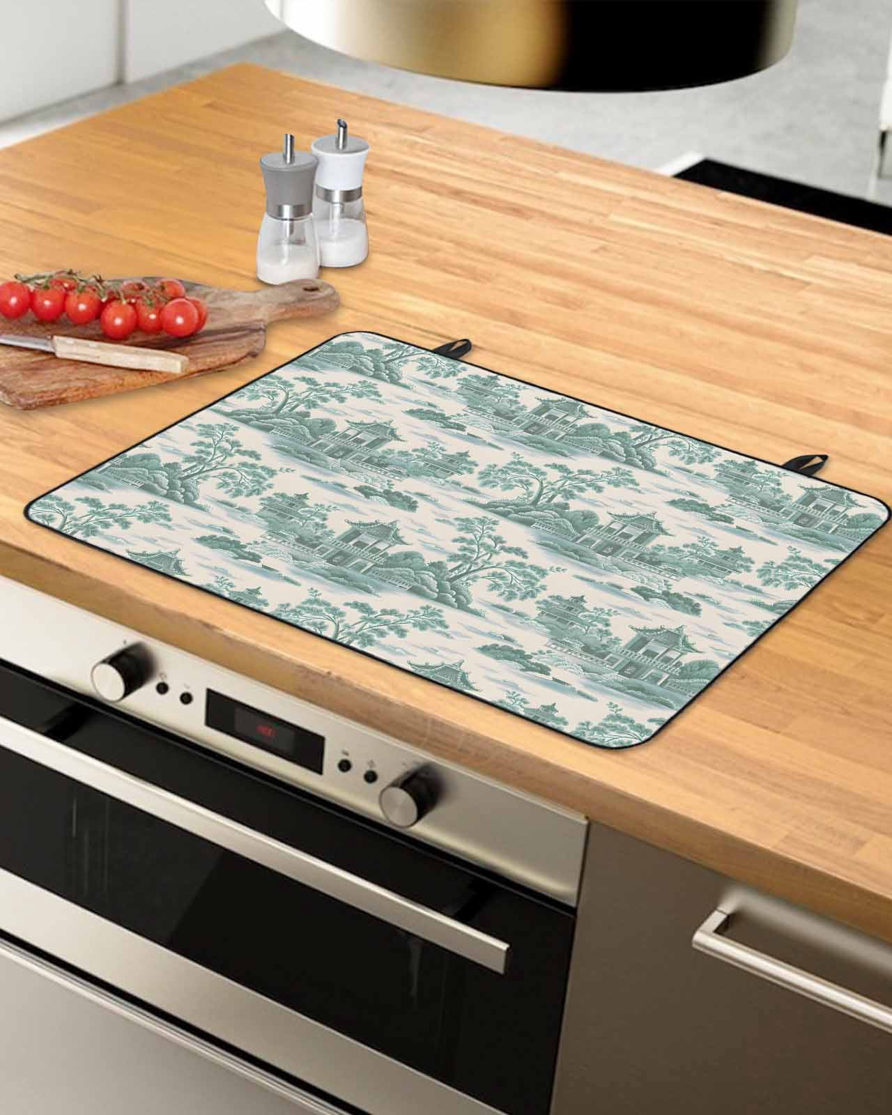 nqOlkjepod Large Induction Cooktop Protector Mat 24"x21", Teal Garden Stove Top Covers for Electric Stove, Modern Art Building Trees Rock Landscape Stove Burner Cover Mats, Glass Top Stove Cover