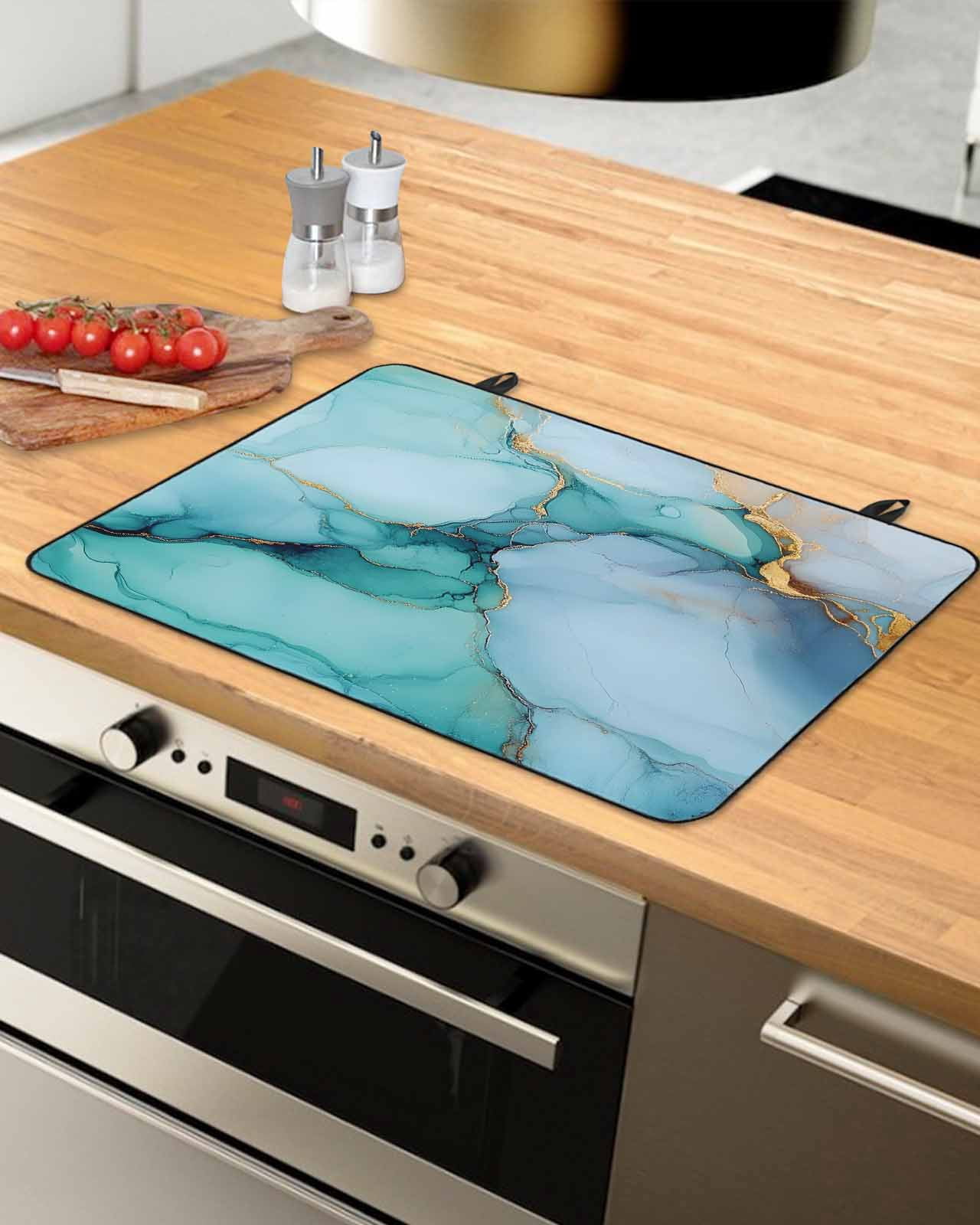 nqOlkjepod Large Induction Cooktop Protector Mat 24"x21", Teal Marble Stove Top Covers for Electric Stove, Contemporary Ink Painted Abstract Art Stove Burner Cover Mats, Glass Top Stove Cover