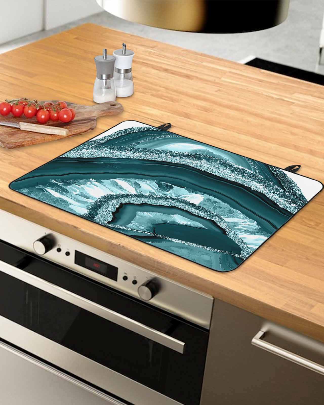 nqOlkjepod Large Induction Cooktop Protector Mat 24"x21", Teal Marble Stove Top Covers for Electric Stove, Vintage Vintage Chic Abstract Texture Stove Burner Cover Mats, Glass Top Stove Cover