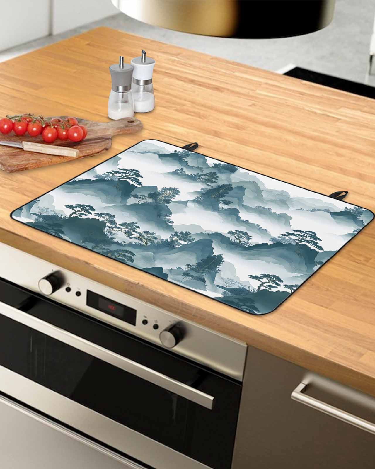 nqOlkjepod Large Induction Cooktop Protector Mat 24"x21", Teal Mountain Forest Stove Top Covers for Electric Stove, Retro Garden Nature Landscape Stove Burner Cover Mats, Glass Top Stove Cover