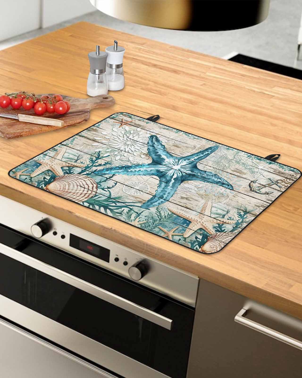 nqOlkjepod Large Induction Cooktop Protector Mat 24"x21", Teal Starfish Coastal Stove Top Covers for Electric Stove, Summer Beach Nautical Retro Stove Burner Cover Mats, Glass Top Stove Cover
