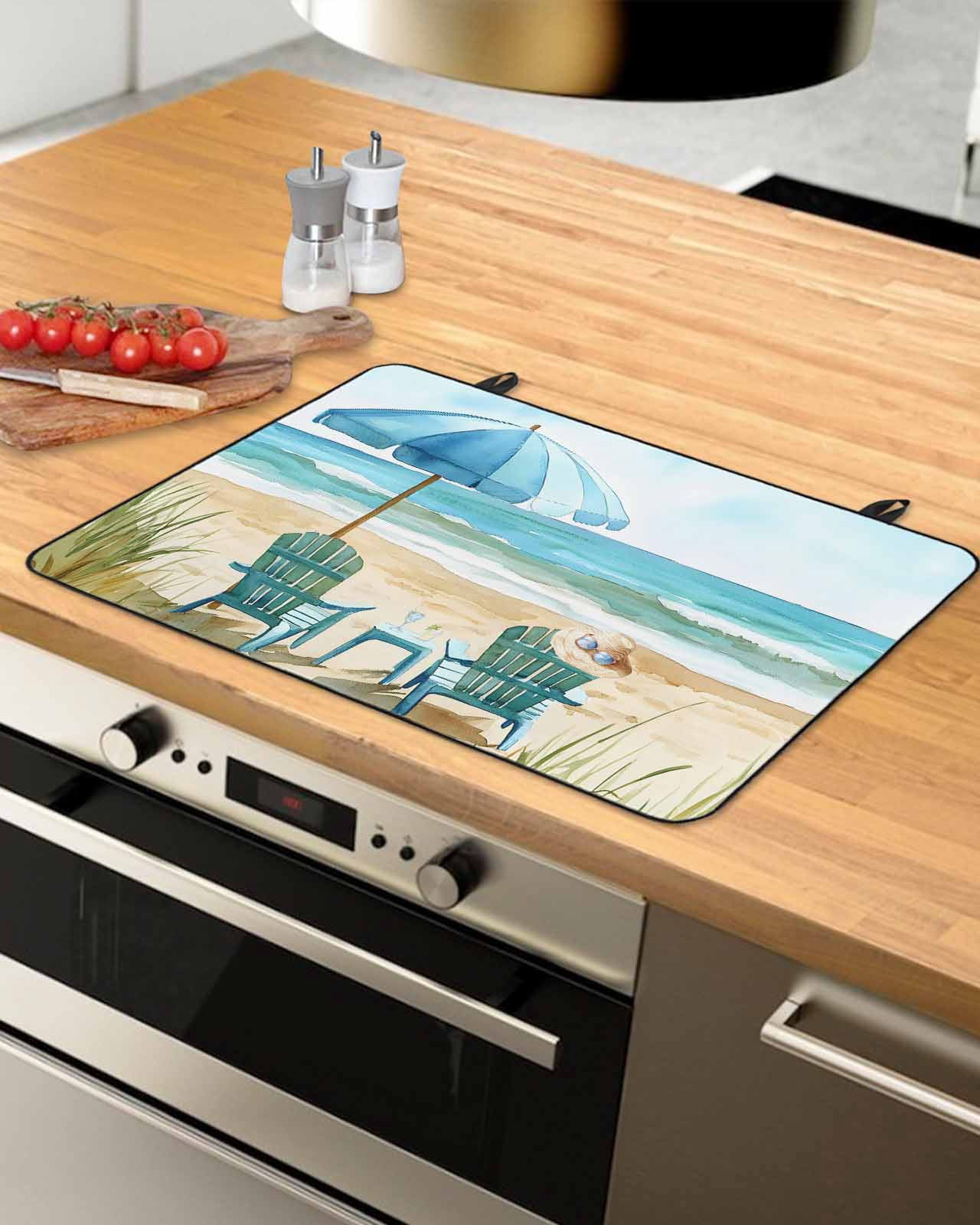 nqOlkjepod Large Induction Cooktop Protector Mat 24"x21", Teal Summer Beach Stove Top Covers for Electric Stove, Coastal Vintage Leisure Ocean Stove Burner Cover Mats, Glass Top Stove Cover