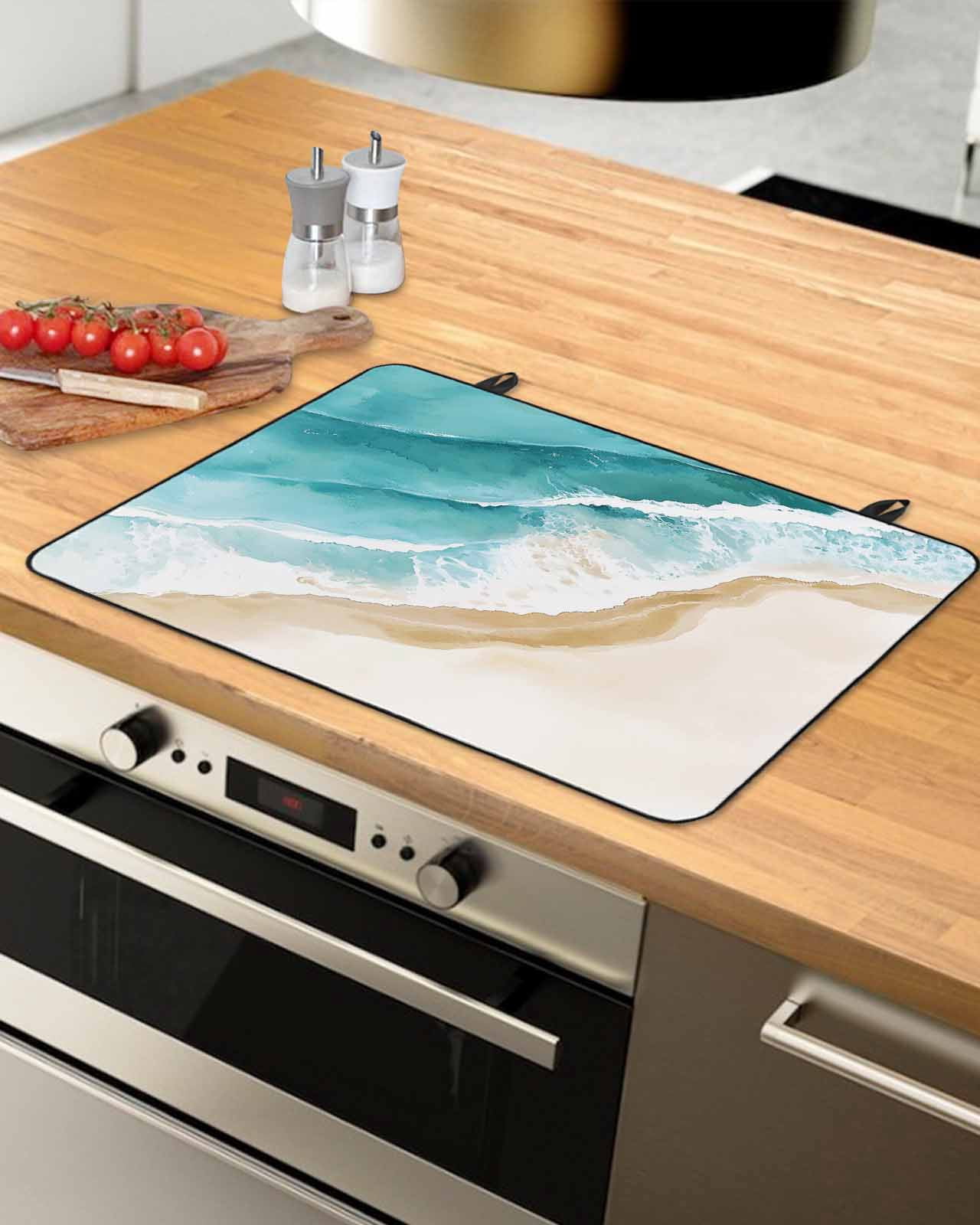 nqOlkjepod Large Induction Cooktop Protector Mat 24"x21", Teal Waves Coastal Stove Top Covers for Electric Stove, Summer Beach Nautical Ocean Stove Burner Cover Mats, Glass Top Stove Cover