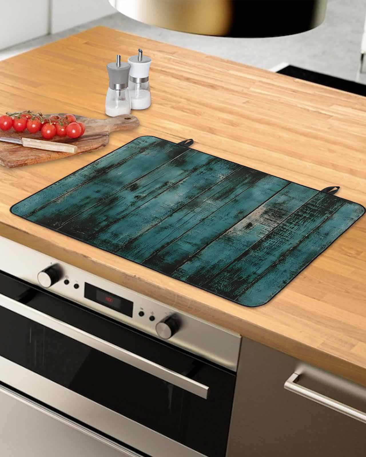 nqOlkjepod Large Induction Cooktop Protector Mat 24"x21", Teal Wood Print Stove Top Covers for Electric Stove, Farmhouse Vintage Shabby Plank Stove Burner Cover Mats, Glass Top Stove Cover