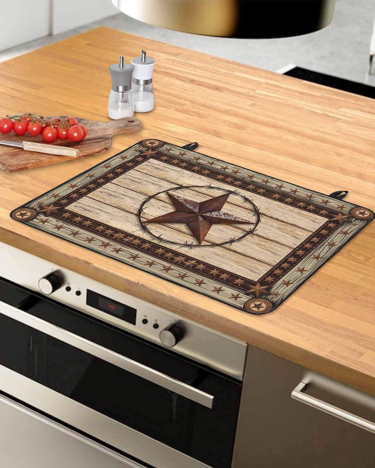 nqOlkjepod Large Induction Cooktop Protector Mat 24"x21", Texas Star Brown Stove Top Covers for Electric Stove, Country Star Rustic Vintage Wooden Stove Burner Cover Mats, Glass Top Stove Cover