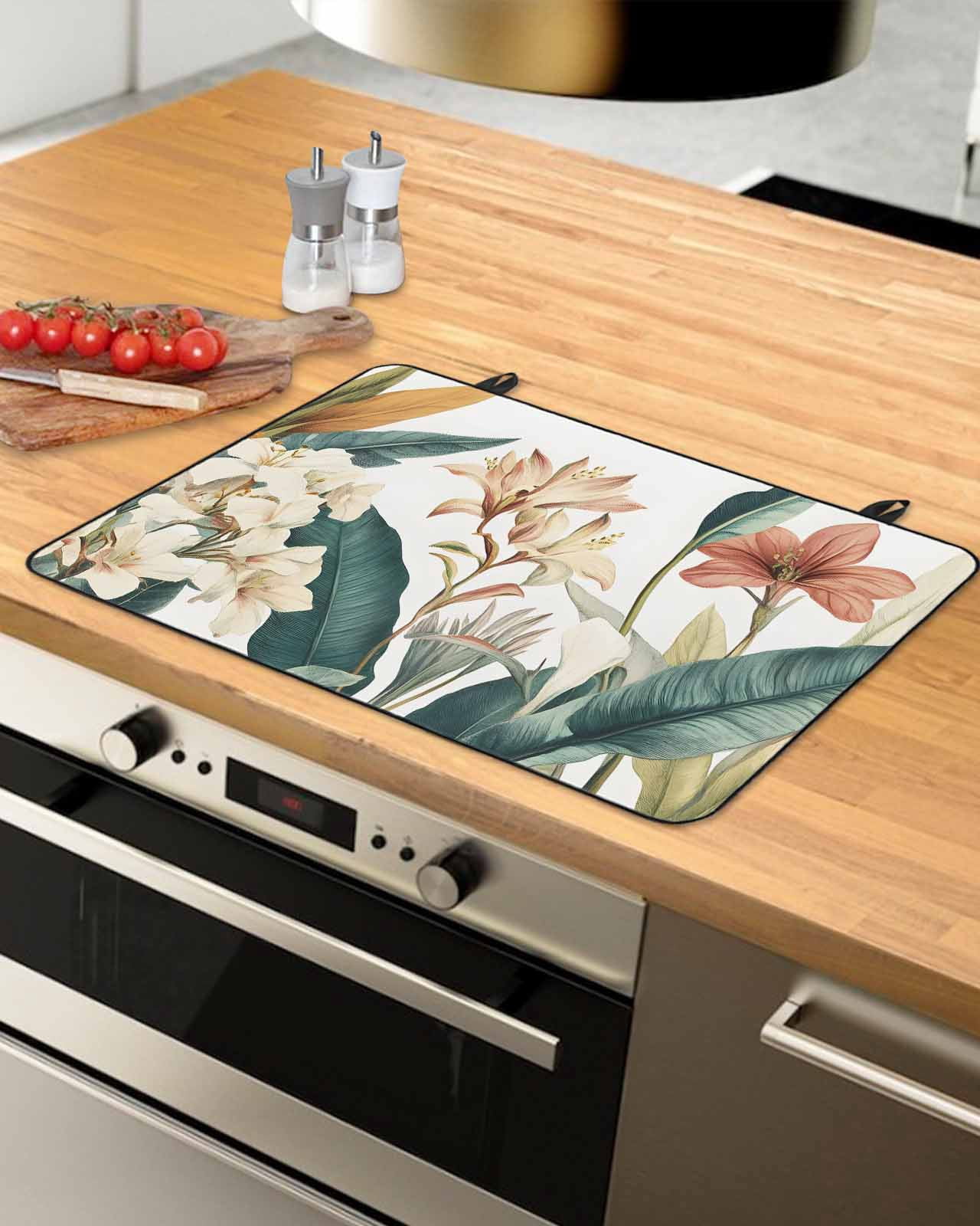 nqOlkjepod Large Induction Cooktop Protector Mat 24"x21", Tropical Floral Leaves Stove Top Covers for Electric Stove, Summer Watercolor Flowers Stove Burner Cover Mats, Glass Top Stove Cover