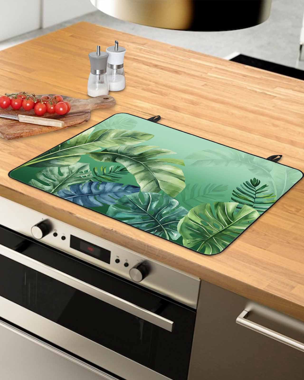 nqOlkjepod Large Induction Cooktop Protector Mat 24"x21", Tropical Leaves Stove Top Covers for Electric Stove, Country Summer Botanical Green Plants Stove Burner Cover Mats, Glass Top Stove Cover