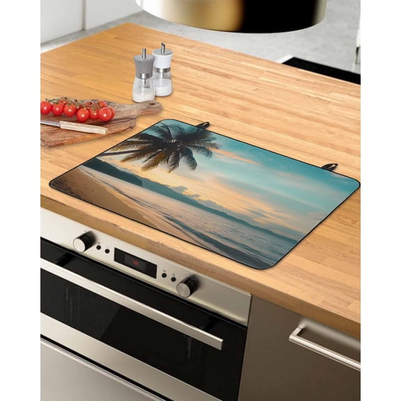 nqOlkjepod Large Induction Cooktop Protector Mat 24"x21", Tropical Palm Stove Top Covers for Electric Stove, Coastal Sunset Tree Branch Ocean Stove Burner Cover Mats, Glass Top Stove Cover
