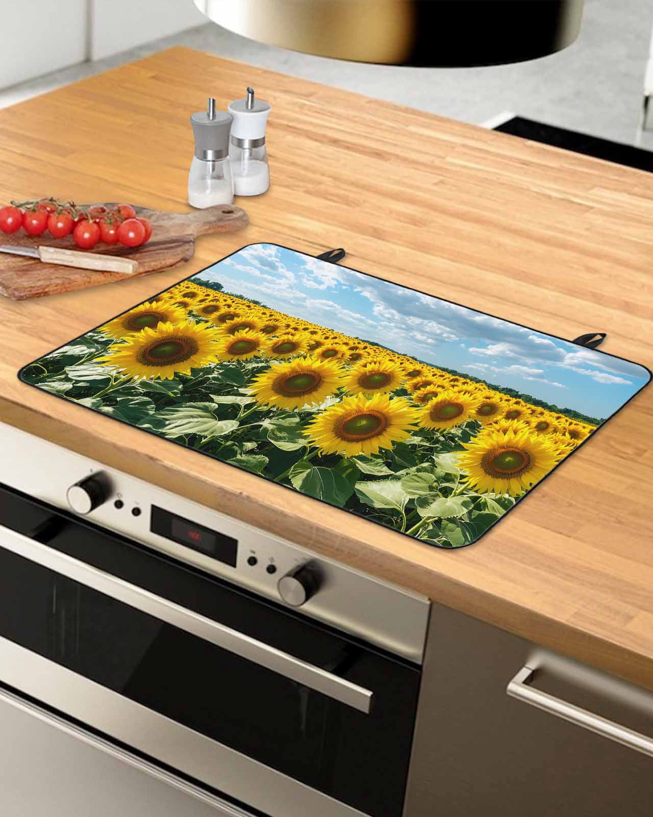 nqOlkjepod Large Induction Cooktop Protector Mat 24"x21", Turmeric Sunflowers Stove Top Covers for Electric Stove, Spring Floral Blue Sky Country Farm Stove Burner Cover Mats, Glass Top Stove Cover