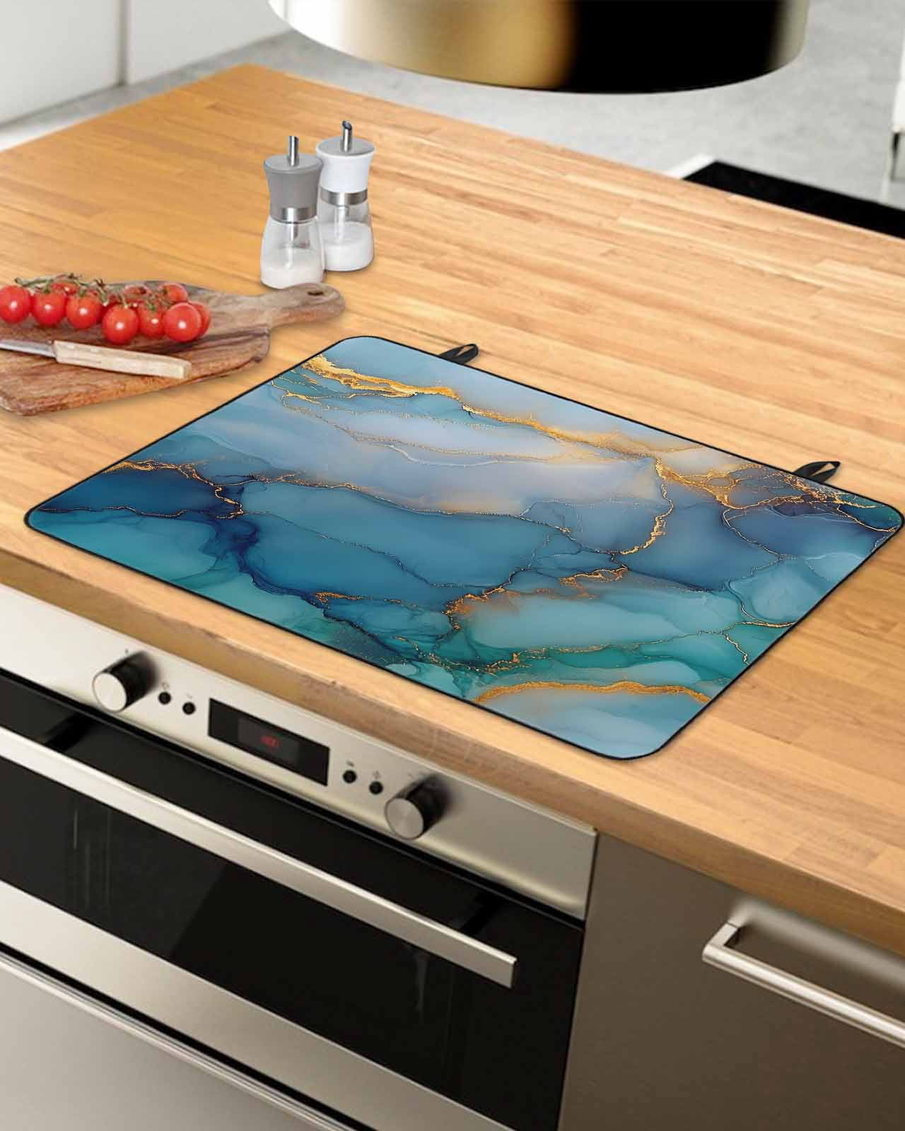 nqOlkjepod Large Induction Cooktop Protector Mat 24"x21", Turquoise Blue Marble Stove Top Covers for Electric Stove, Modern Teal Gold Geometric Stove Burner Cover Mats, Glass Top Stove Cover