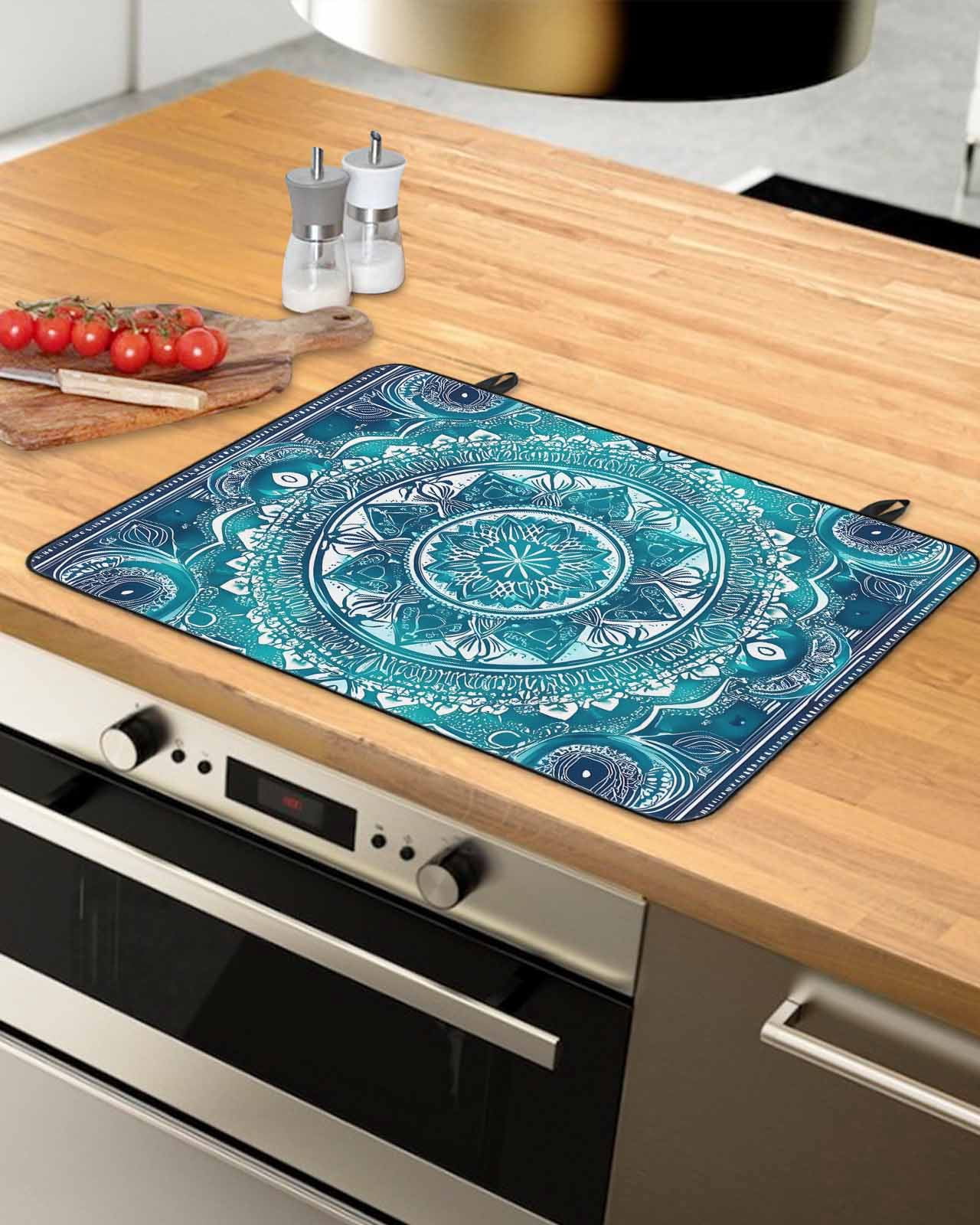 nqOlkjepod Large Induction Cooktop Protector Mat 24"x21", Turquoise Boho Stove Top Covers for Electric Stove, Vintage Country Ethnic Abstract Motifs Stove Burner Cover Mats, Glass Top Stove Cover