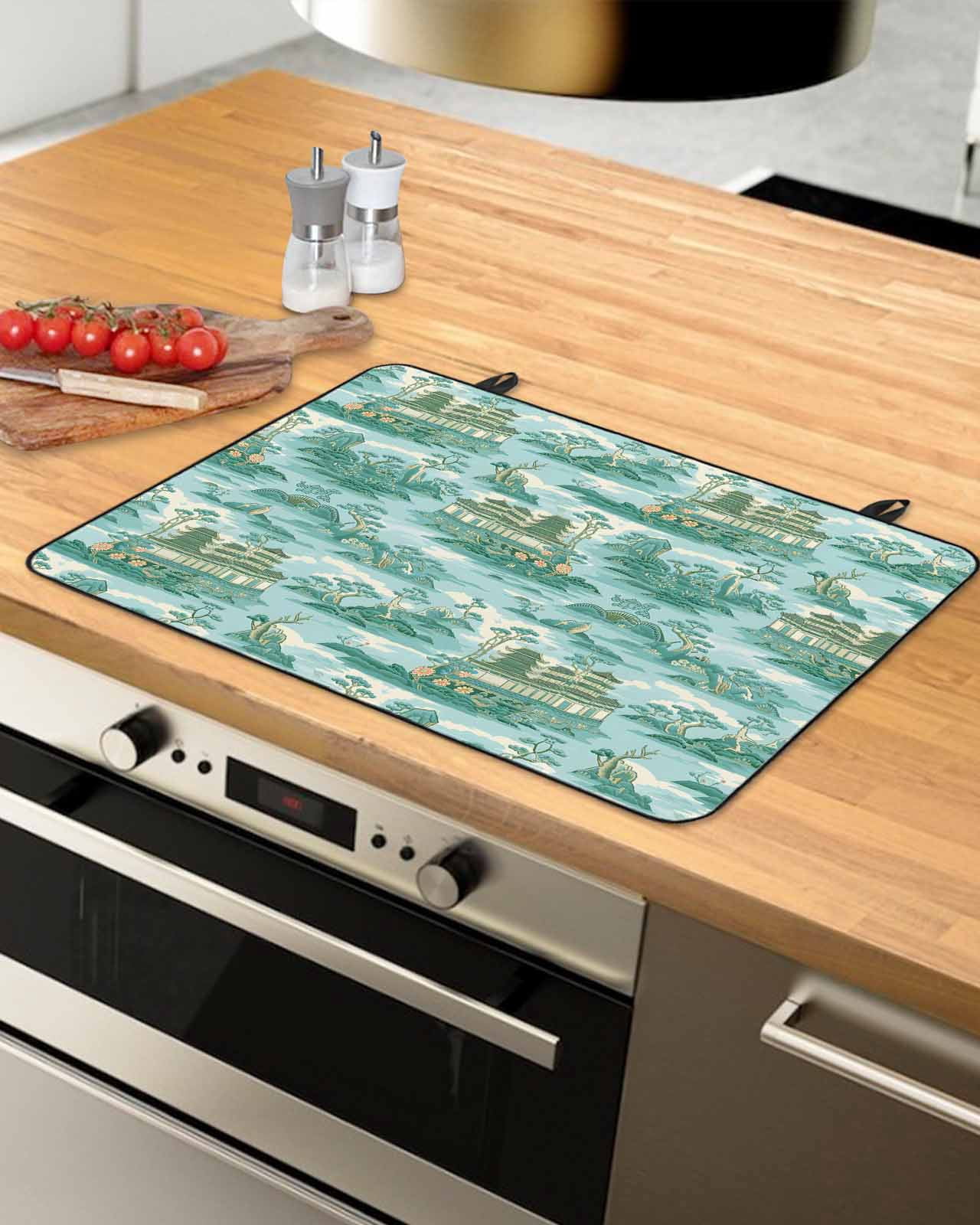 nqOlkjepod Large Induction Cooktop Protector Mat 24"x21", Turquoise Garden Stove Top Covers for Electric Stove, Modern Art Building Rock Landscape Stove Burner Cover Mats, Glass Top Stove Cover