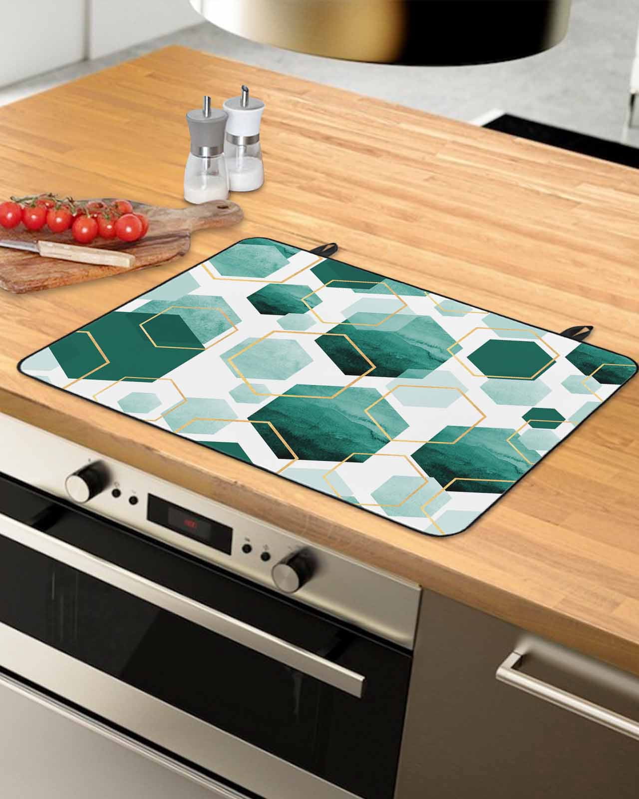nqOlkjepod Large Induction Cooktop Protector Mat 24"x21", Turquoise Geometric Stove Top Covers for Electric Stove, Gold White Hexagon Modern Decorative Stove Burner Cover Mats, Glass Top Stove Cover