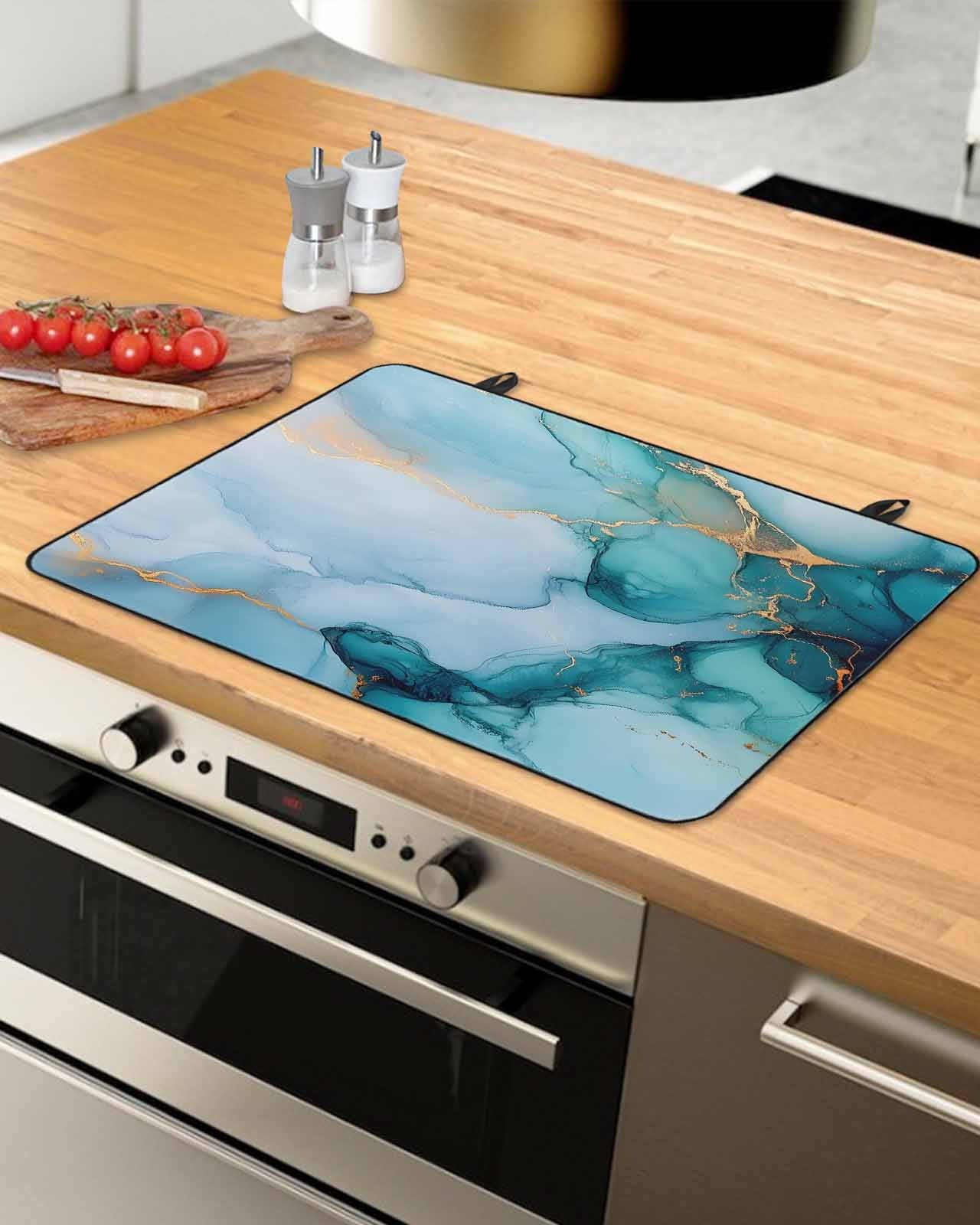 nqOlkjepod Large Induction Cooktop Protector Mat 24"x21", Turquoise Gold Marble Stove Top Covers for Electric Stove, Modern Marble Geometric Decorative Stove Burner Cover Mats, Glass Top Stove Cover