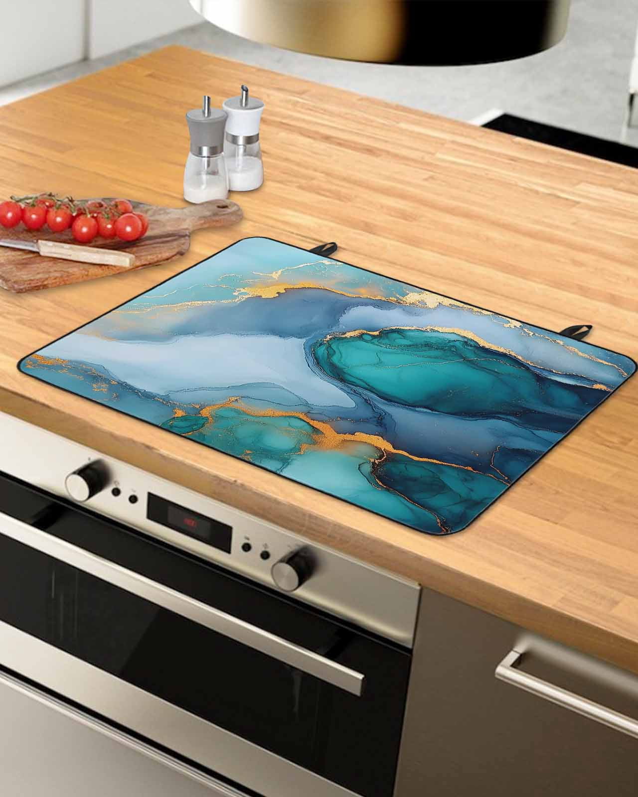 nqOlkjepod Large Induction Cooktop Protector Mat 24"x21", Turquoise Gold Stove Top Covers for Electric Stove, Modern Teal Blue Marble Textured Stove Burner Cover Mats, Glass Top Stove Cover