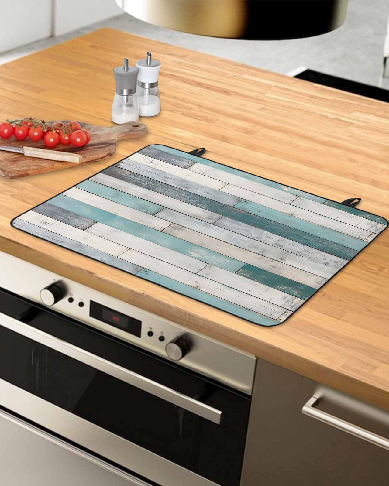 nqOlkjepod Large Induction Cooktop Protector Mat 24"x21", Turquoise Grey Wooden Stove Top Covers for Electric Stove, Farmhouse Teal Wood Decorative Stove Burner Cover Mats, Glass Top Stove Cover