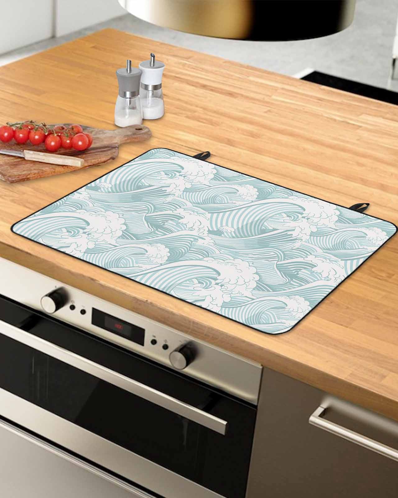 nqOlkjepod Large Induction Cooktop Protector Mat 24"x21", Turquoise Ocean Waves Stove Top Covers for Electric Stove, Moire Seaside Abstract Art Stove Burner Cover Mats, Glass Top Stove Cover