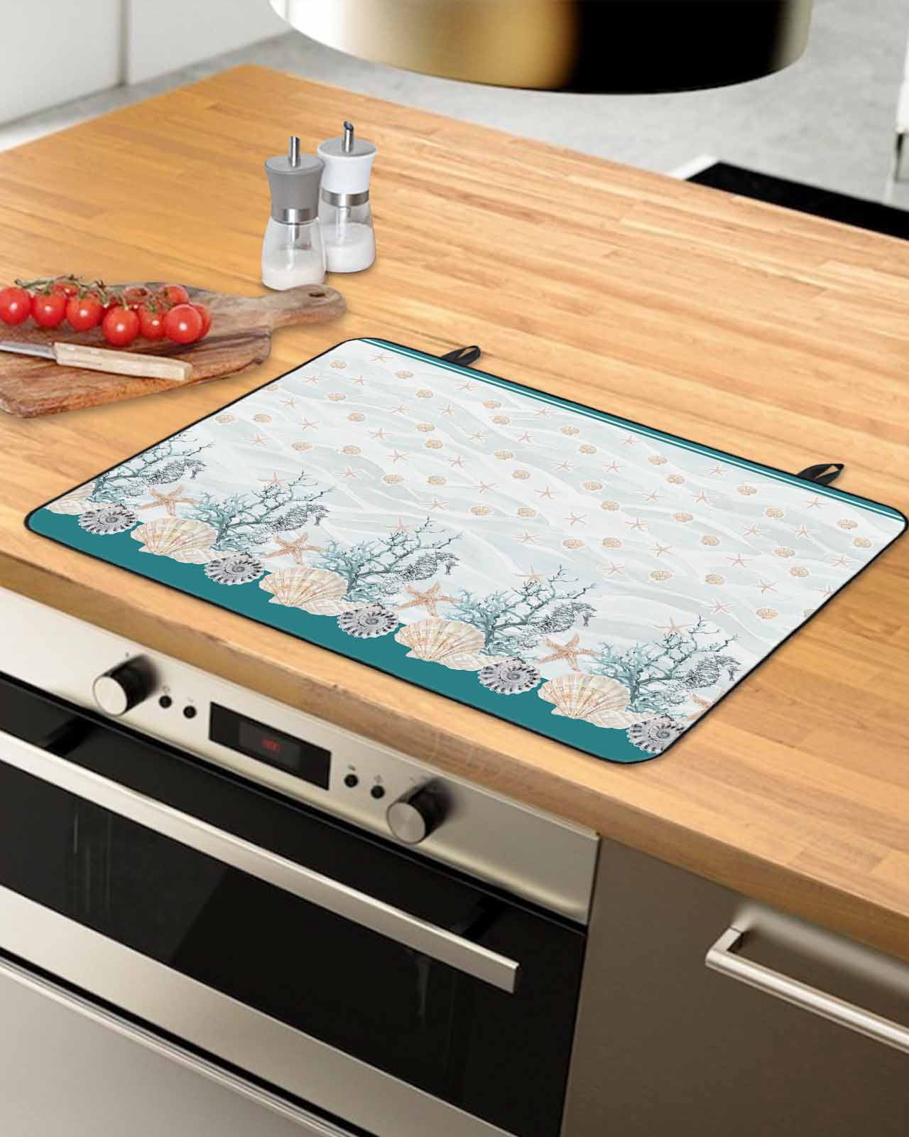 nqOlkjepod Large Induction Cooktop Protector Mat 24"x21", Turquoise Shell Stove Top Covers for Electric Stove, Rustic Coastal Nautical Ocean Animals Stove Burner Cover Mats, Glass Top Stove Cover