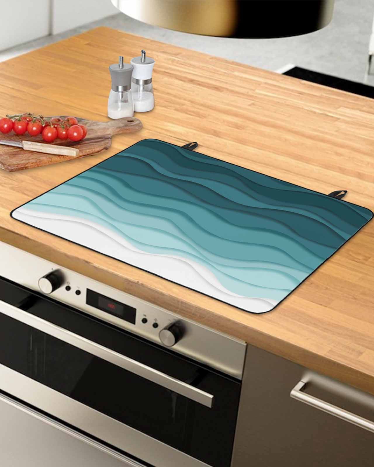 nqOlkjepod Large Induction Cooktop Protector Mat 24"x21", Turquoise Stripes Stove Top Covers for Electric Stove, Farmhouse Gradient Sea Waves Beach Stove Burner Cover Mats, Glass Top Stove Cover