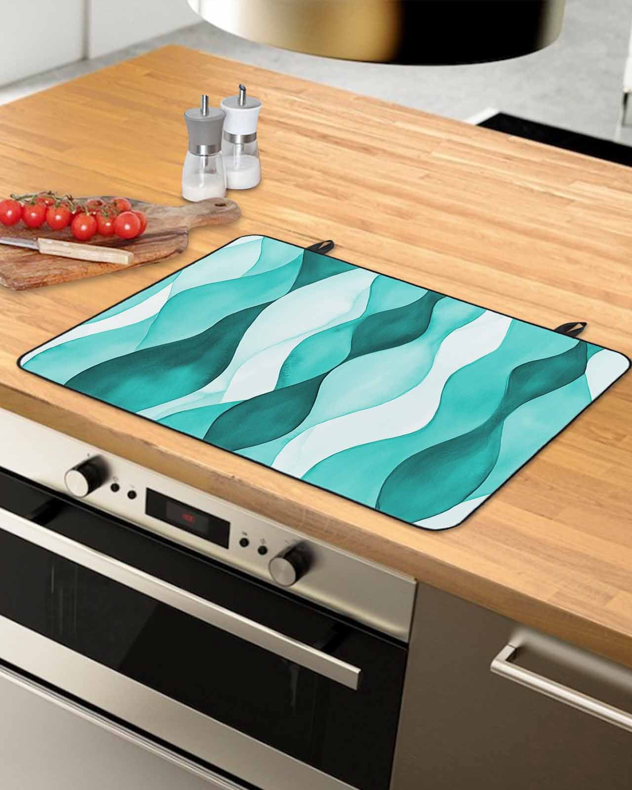 nqOlkjepod Large Induction Cooktop Protector Mat 24"x21", Turquoise Stripes Stove Top Covers for Electric Stove, Vintage Farmhouse Ripple Texture Art Stove Burner Cover Mats, Glass Top Stove Cover