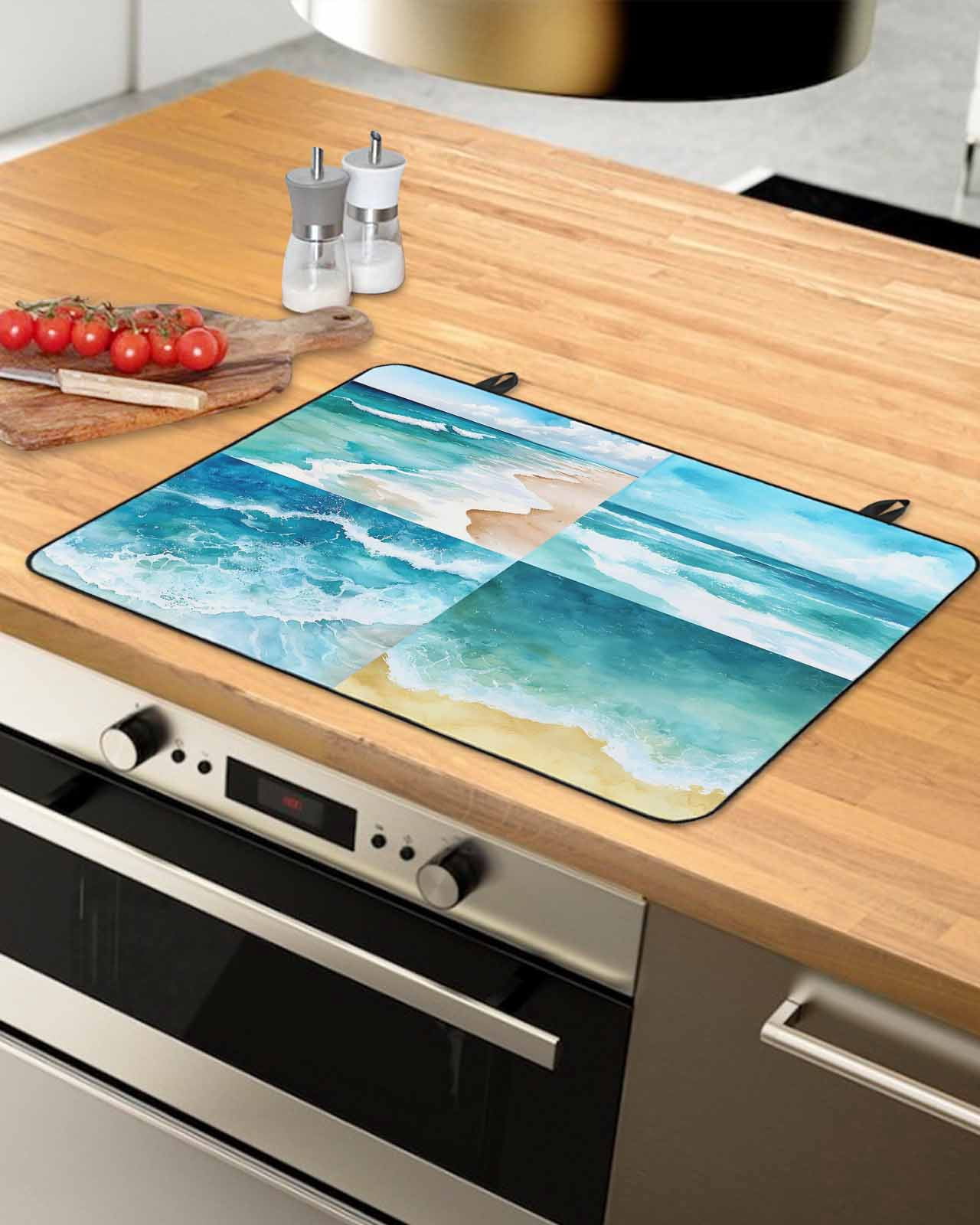 nqOlkjepod Large Induction Cooktop Protector Mat 24"x21", Turquoise Summer Beach Stove Top Covers for Electric Stove, Coastal Ocean Waves Nautical Stove Burner Cover Mats, Glass Top Stove Cover