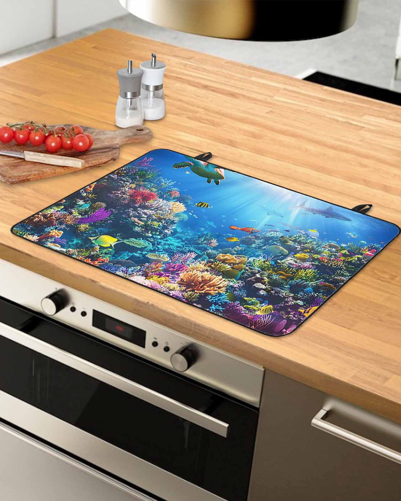 nqOlkjepod Large Induction Cooktop Protector Mat 24"x21", Turtle Blue Stove Top Covers for Electric Stove, Ocean Coral Shark Fish Underwater Scenery Stove Burner Cover Mats, Glass Top Stove Cover