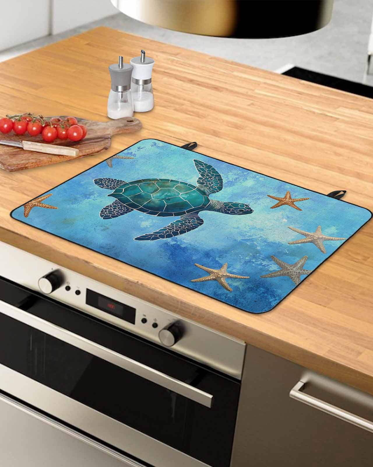 nqOlkjepod Large Induction Cooktop Protector Mat 24"x21", Turtle Stove Top Covers for Electric Stove, Coastal Blue Starfish Ocean Sea Vintage Stove Burner Cover Mats, Glass Top Stove Cover