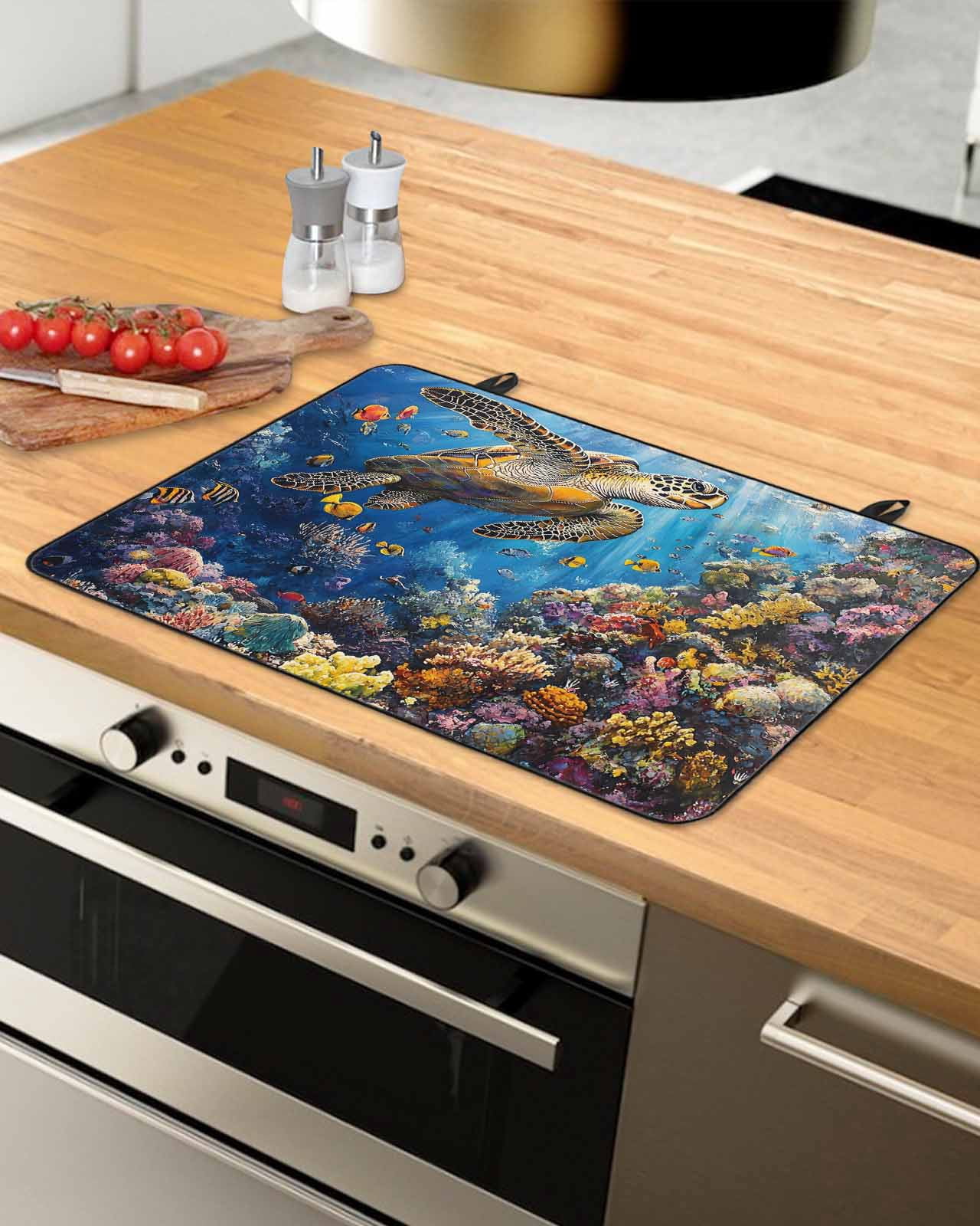 nqOlkjepod Large Induction Cooktop Protector Mat 24"x21", Turtle Stove Top Covers for Electric Stove, Ocean Animal Fish Coral Summer Beach Vacation Stove Burner Cover Mats, Glass Top Stove Cover