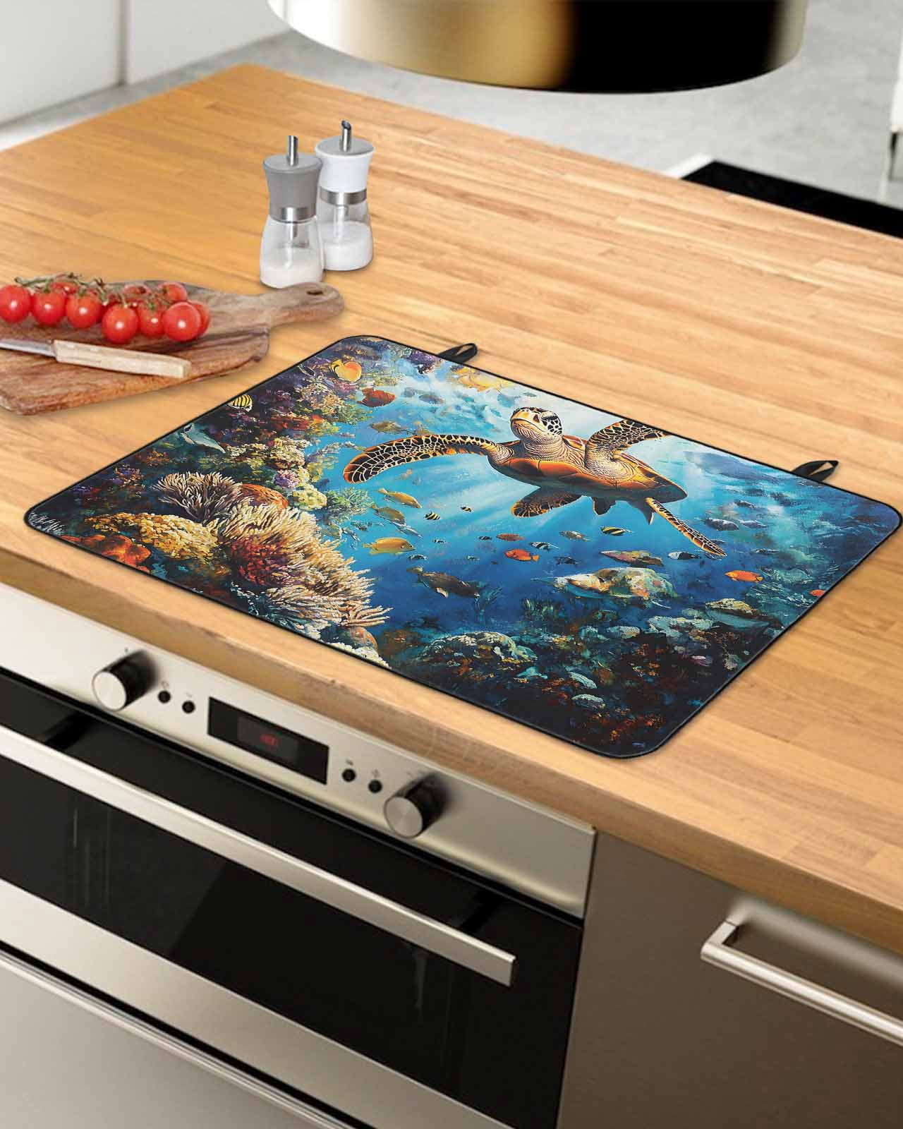 nqOlkjepod Large Induction Cooktop Protector Mat 24"x21", Turtle Stove Top Covers for Electric Stove, Ocean Underwater Coral Fish Animal Modern Stove Burner Cover Mats, Glass Top Stove Cover
