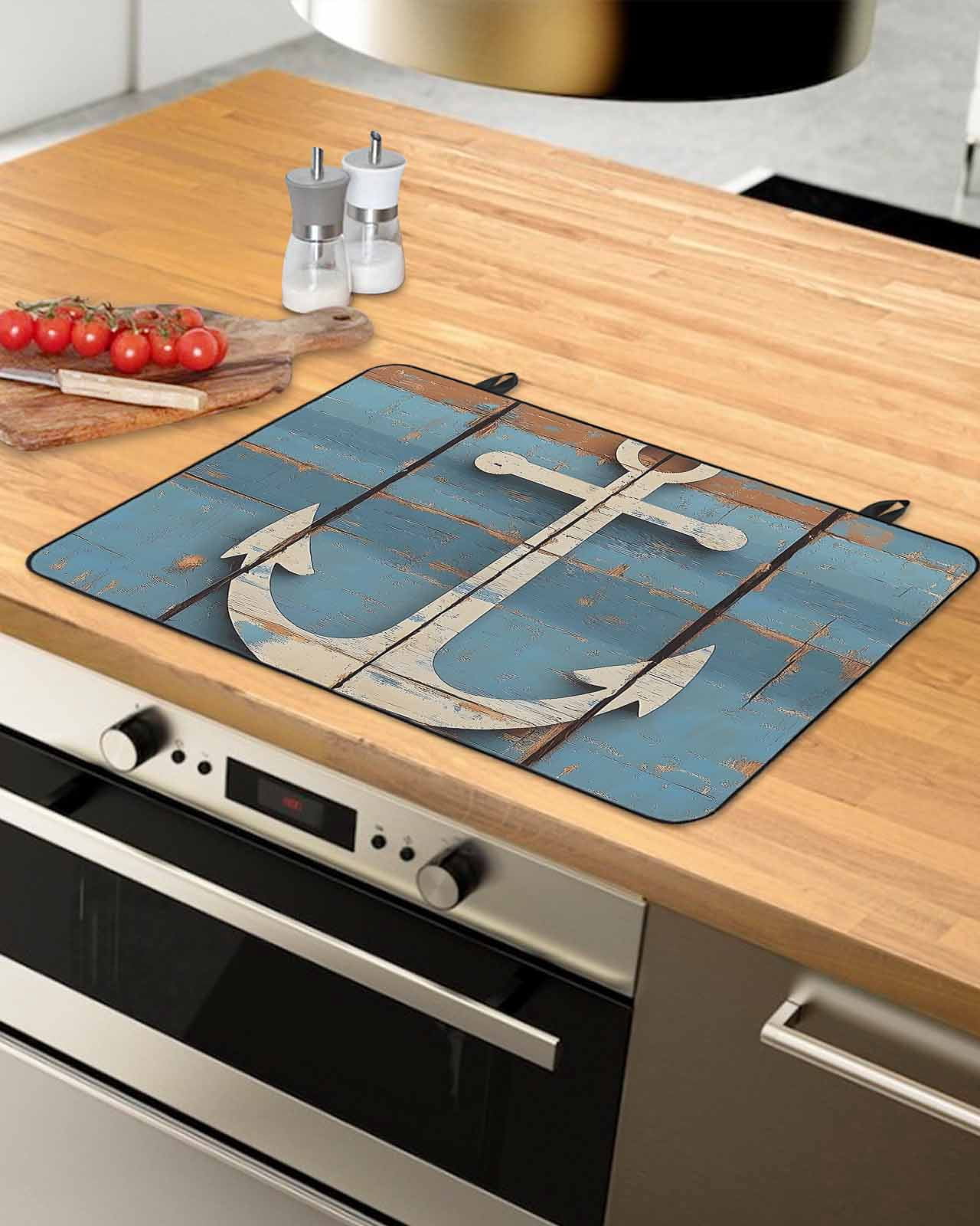 nqOlkjepod Large Induction Cooktop Protector Mat 24"x21", Vintage Beige Anchor Stove Top Covers for Electric Stove, Modern Nautical Coastal Wooden Stove Burner Cover Mats, Glass Top Stove Cover