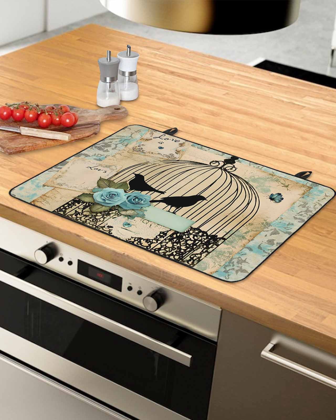 nqOlkjepod Large Induction Cooktop Protector Mat 24"x21", Vintage Bird Cage Stove Top Covers for Electric Stove, Retro Floral Pattern Decorative Stove Burner Cover Mats, Glass Top Stove Cover