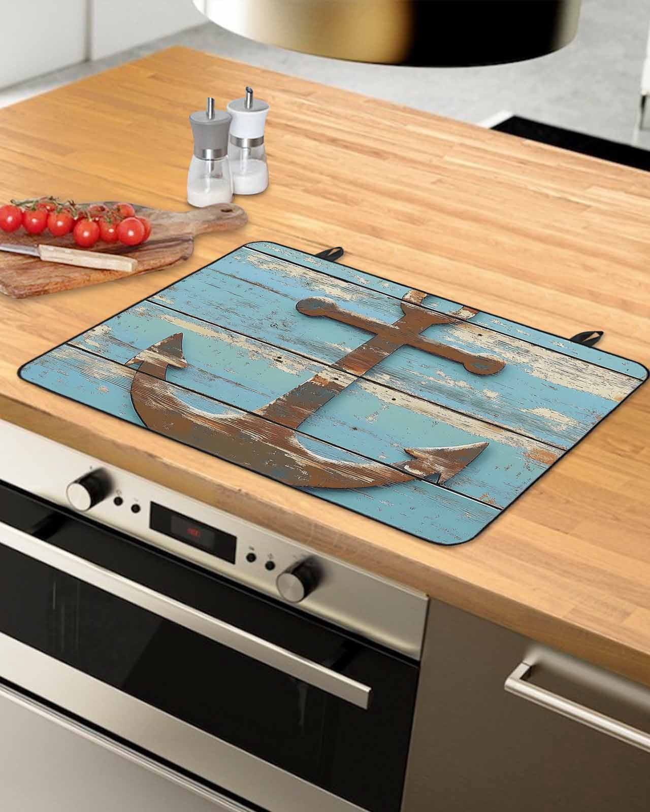 nqOlkjepod Large Induction Cooktop Protector Mat 24"x21", Vintage Brown Anchor Stove Top Covers for Electric Stove, Nautical Farmhouse Blue Wooden Stove Burner Cover Mats, Glass Top Stove Cover
