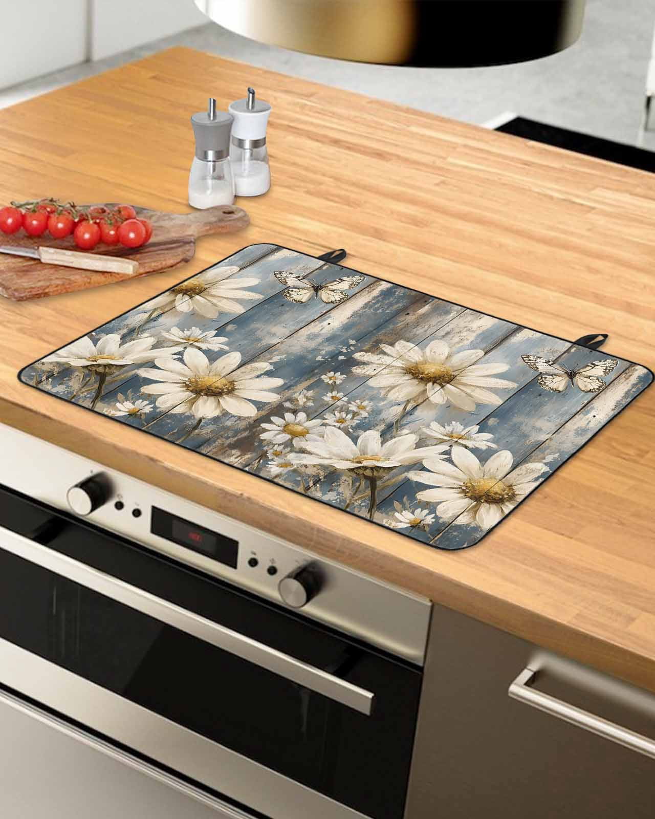 nqOlkjepod Large Induction Cooktop Protector Mat 24"x21", Vintage Daisy Stove Top Covers for Electric Stove, Vintage Farmhouse Butterfly Wooden Stove Burner Cover Mats, Glass Top Stove Cover