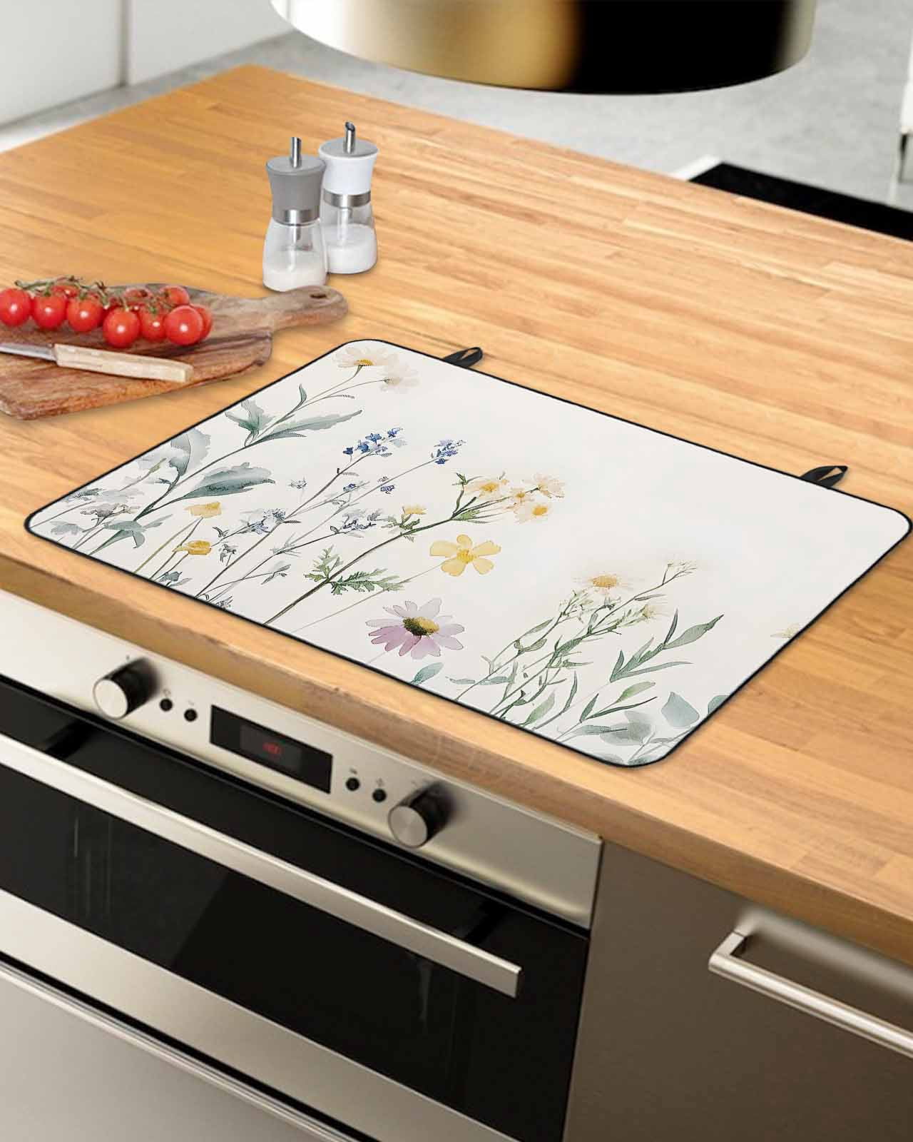 nqOlkjepod Large Induction Cooktop Protector Mat 24"x21", Vintage Floral Stove Top Covers for Electric Stove, Farmhouse Spring Botanical Decorative Stove Burner Cover Mats, Glass Top Stove Cover