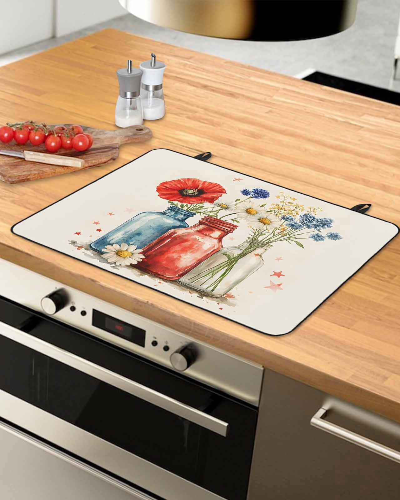 nqOlkjepod Large Induction Cooktop Protector Mat 24"x21", Vintage Flower Stove Top Covers for Electric Stove, Red Blue Bottle Floral Country Plant Stove Burner Cover Mats, Glass Top Stove Cover