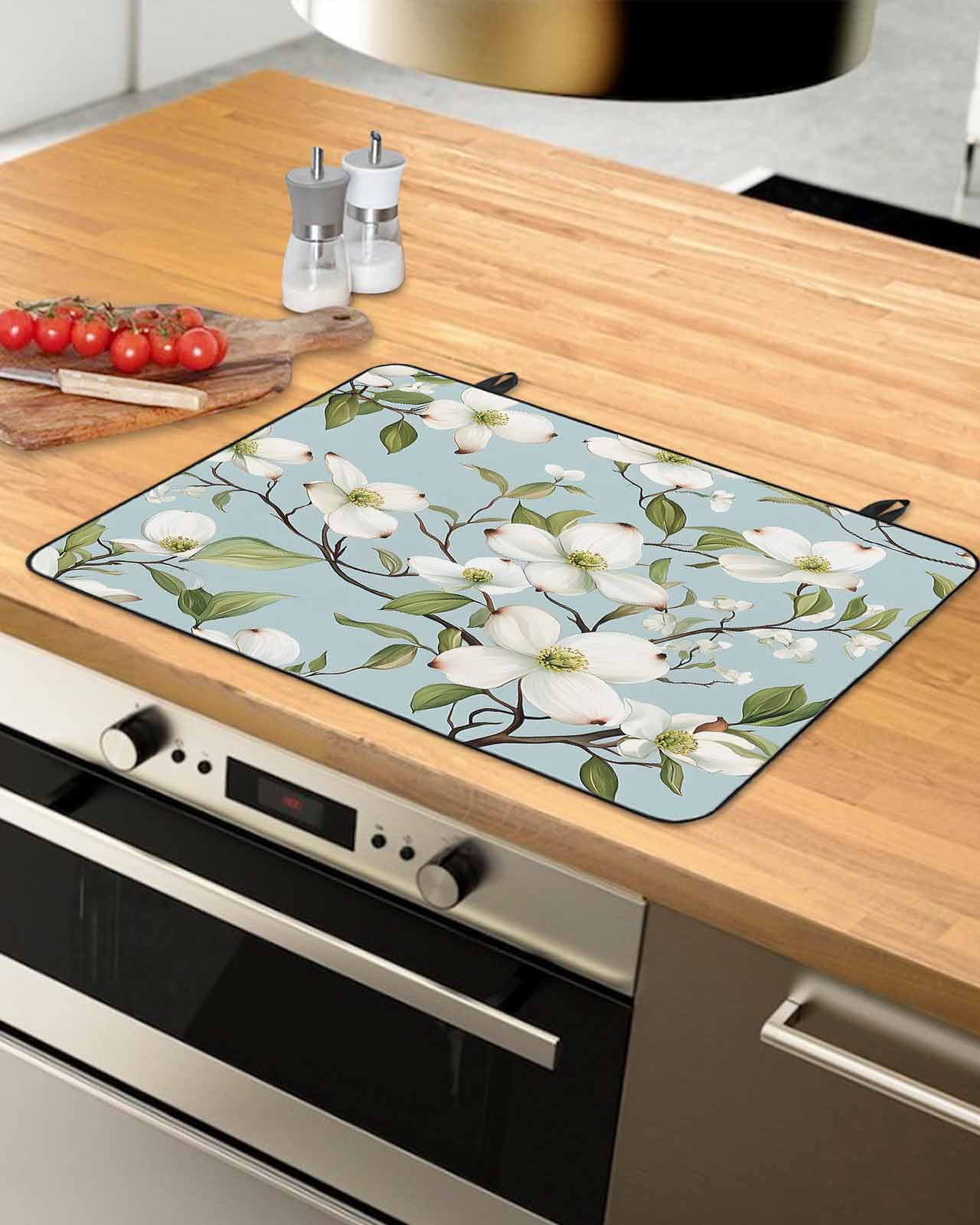 nqOlkjepod Large Induction Cooktop Protector Mat 24"x21", Vintage Flower Stove Top Covers for Electric Stove, Spring Blooms Botanicals Green Leaf Stove Burner Cover Mats, Glass Top Stove Cover