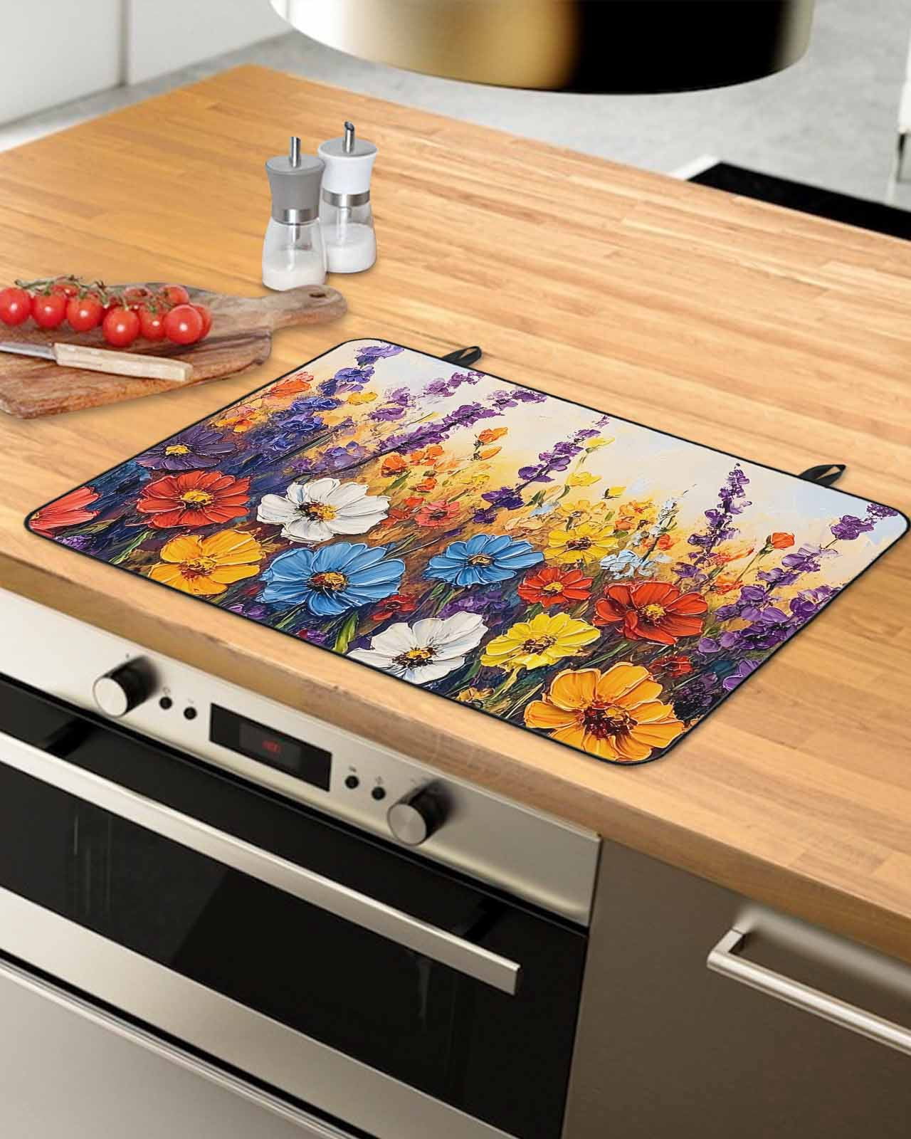 nqOlkjepod Large Induction Cooktop Protector Mat 24"x21", Vintage Flowers Stove Top Covers for Electric Stove, Abstract Oil Painted Farmhouse Botanical Stove Burner Cover Mats, Glass Top Stove Cover