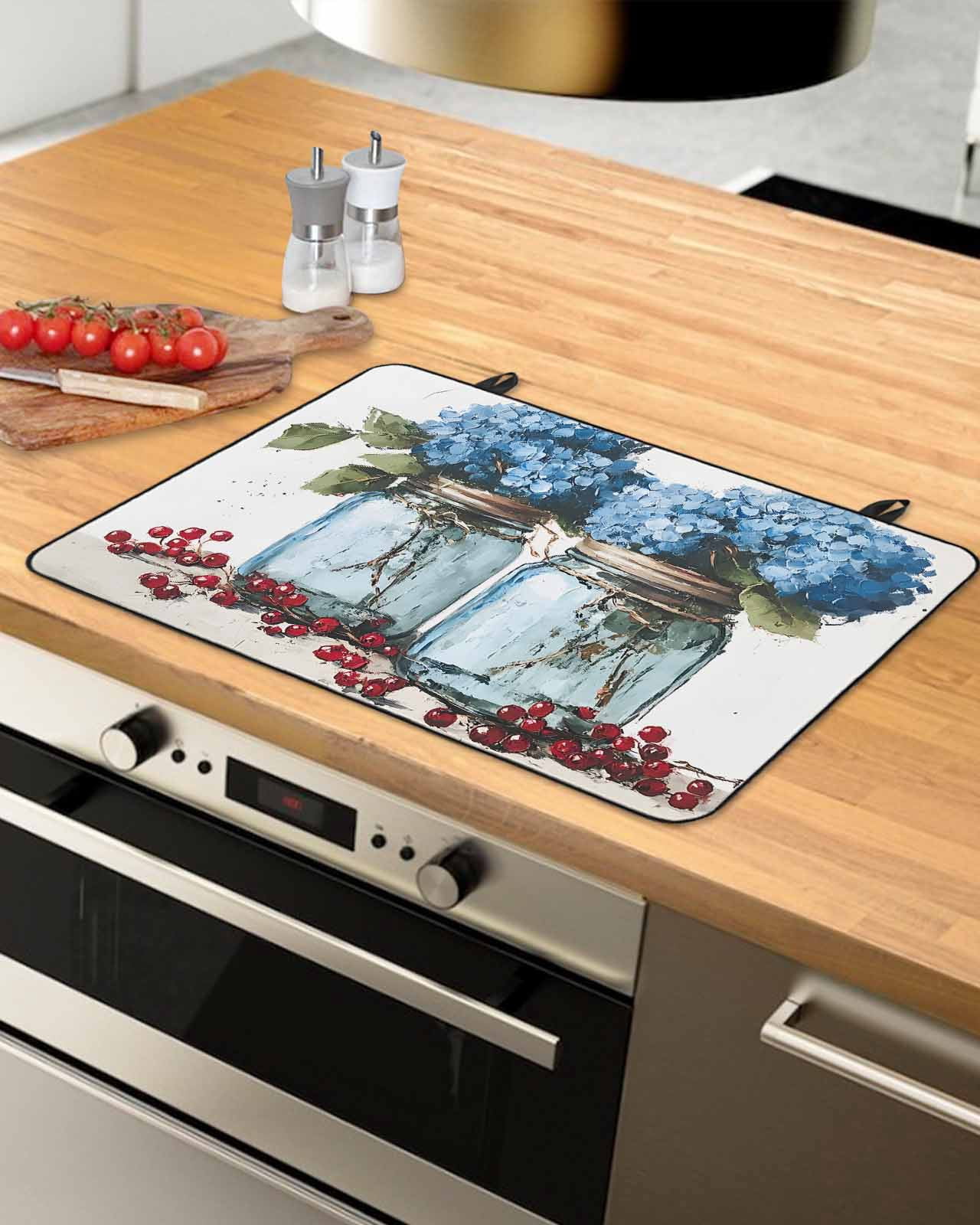 nqOlkjepod Large Induction Cooktop Protector Mat 24"x21", Vintage Flowers Stove Top Covers for Electric Stove, Bottle Hydrangeas Floral Fruit Plant Stove Burner Cover Mats, Glass Top Stove Cover