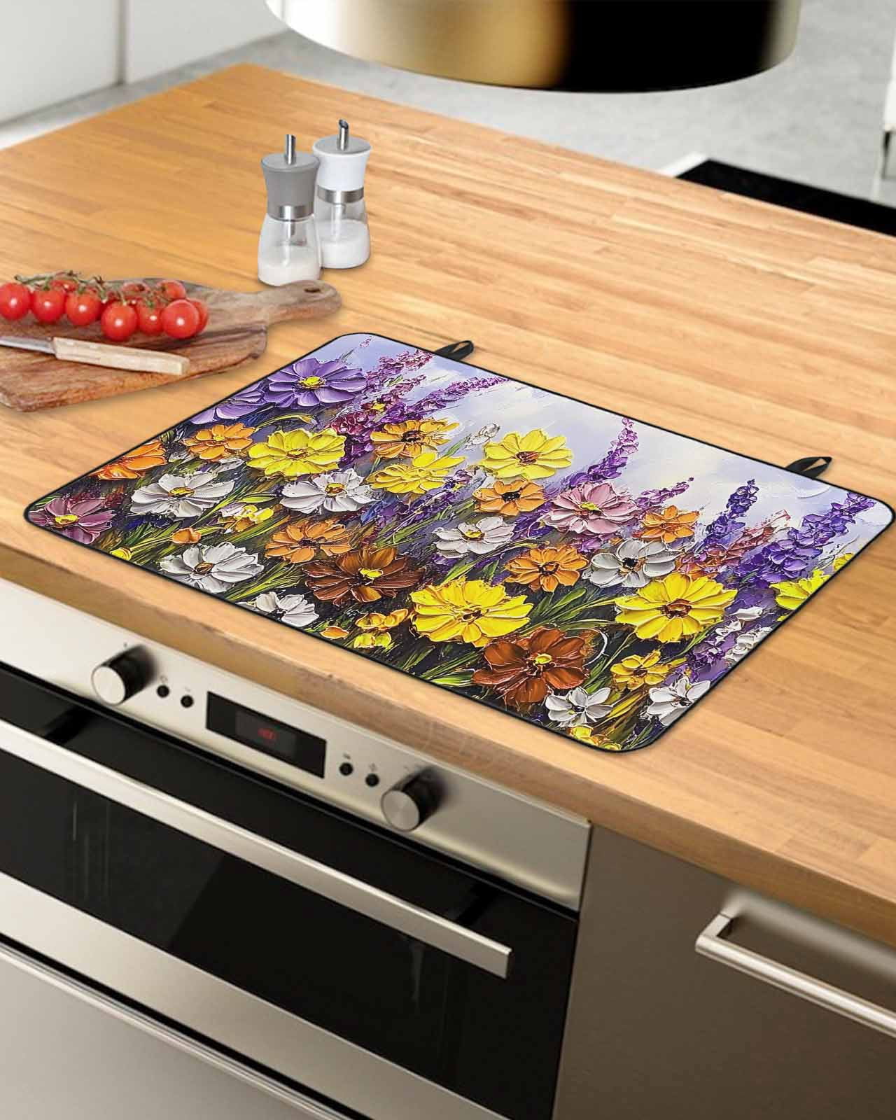 nqOlkjepod Large Induction Cooktop Protector Mat 24"x21", Vintage Flowers Stove Top Covers for Electric Stove, Spring Rustic Oil Painting Botanical Stove Burner Cover Mats, Glass Top Stove Cover